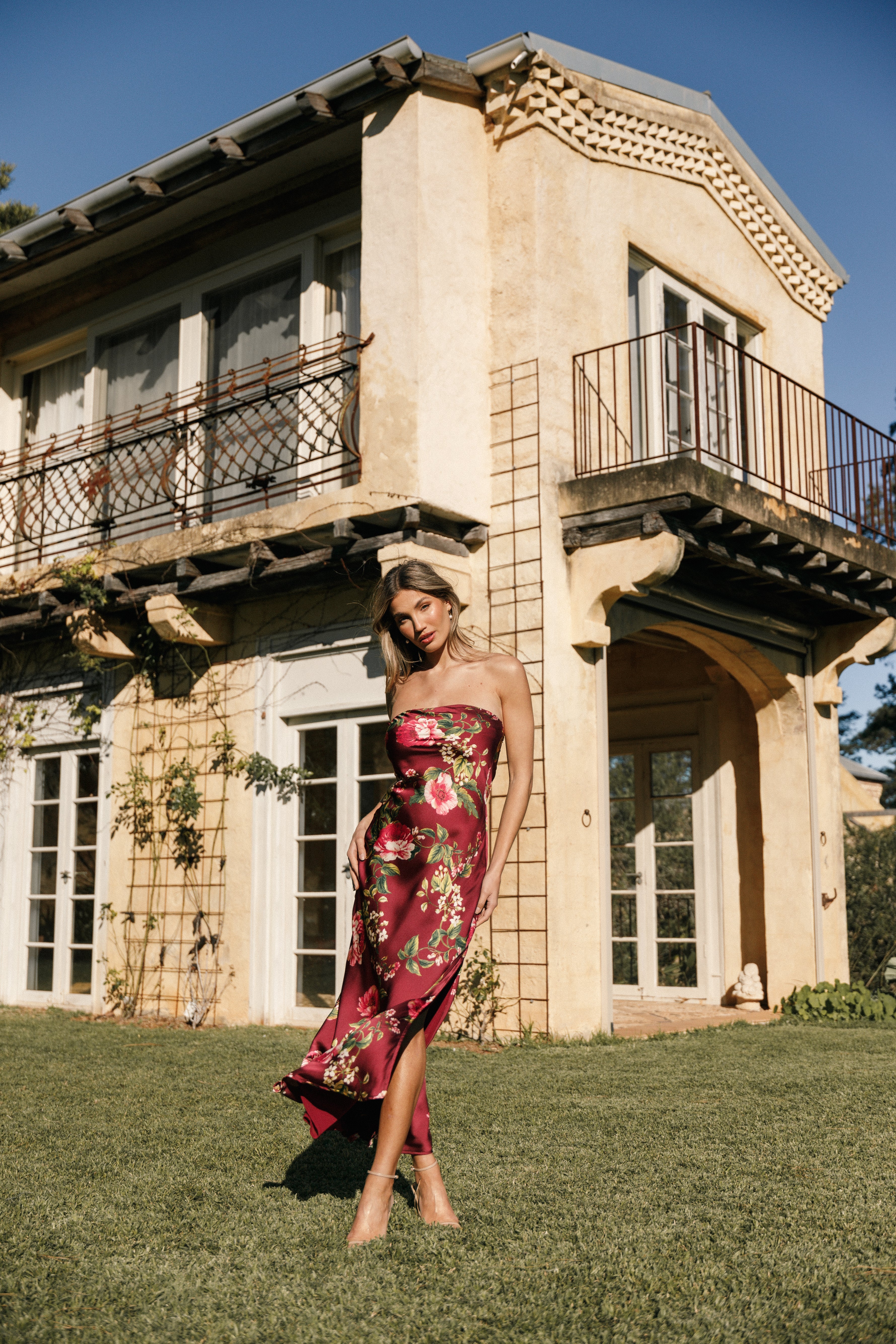 Bryden Strapless Maxi Dress - Burgundy Floral Satin Evening Gown