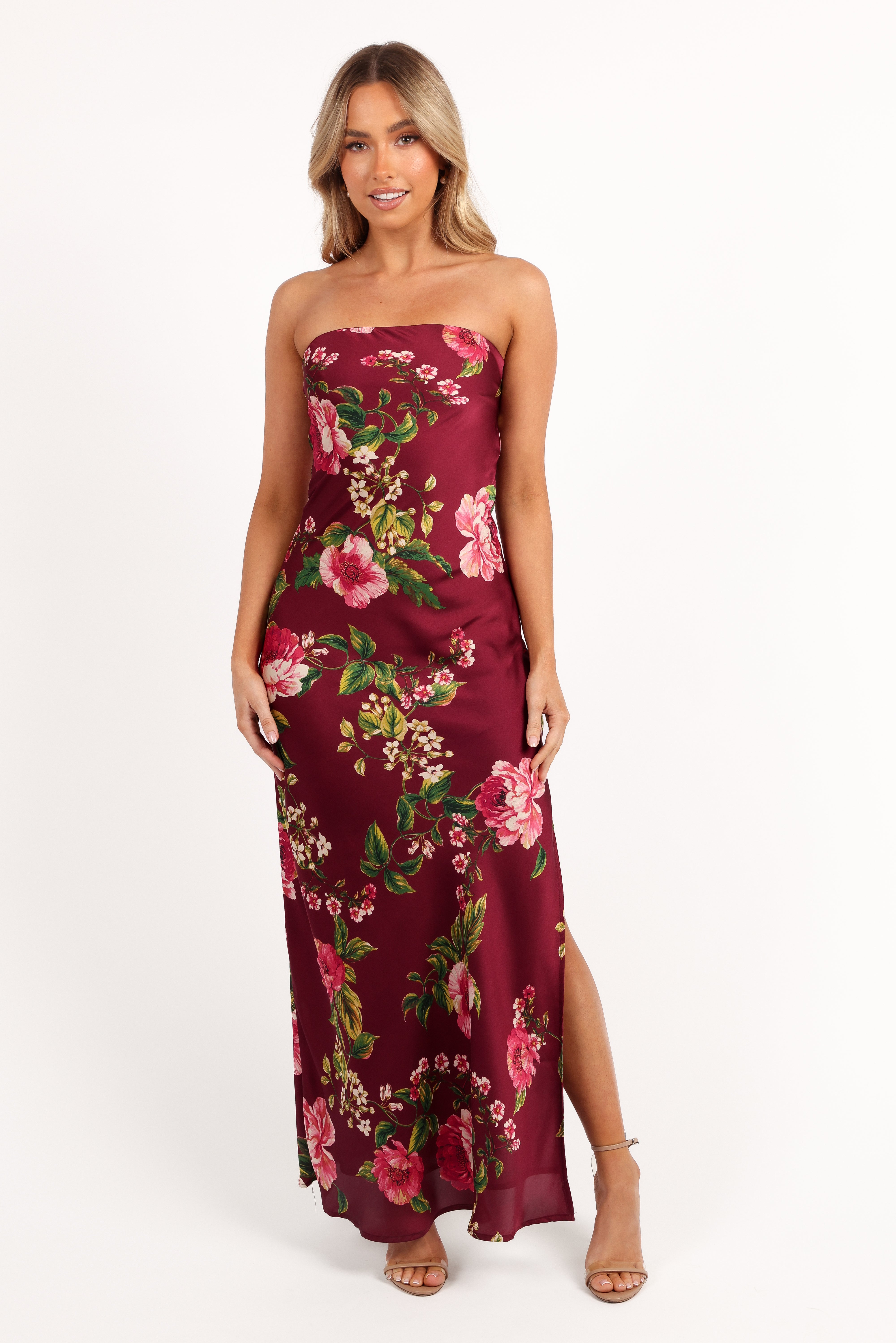 Bryden Strapless Maxi Dress - Burgundy Floral Satin Evening Gown