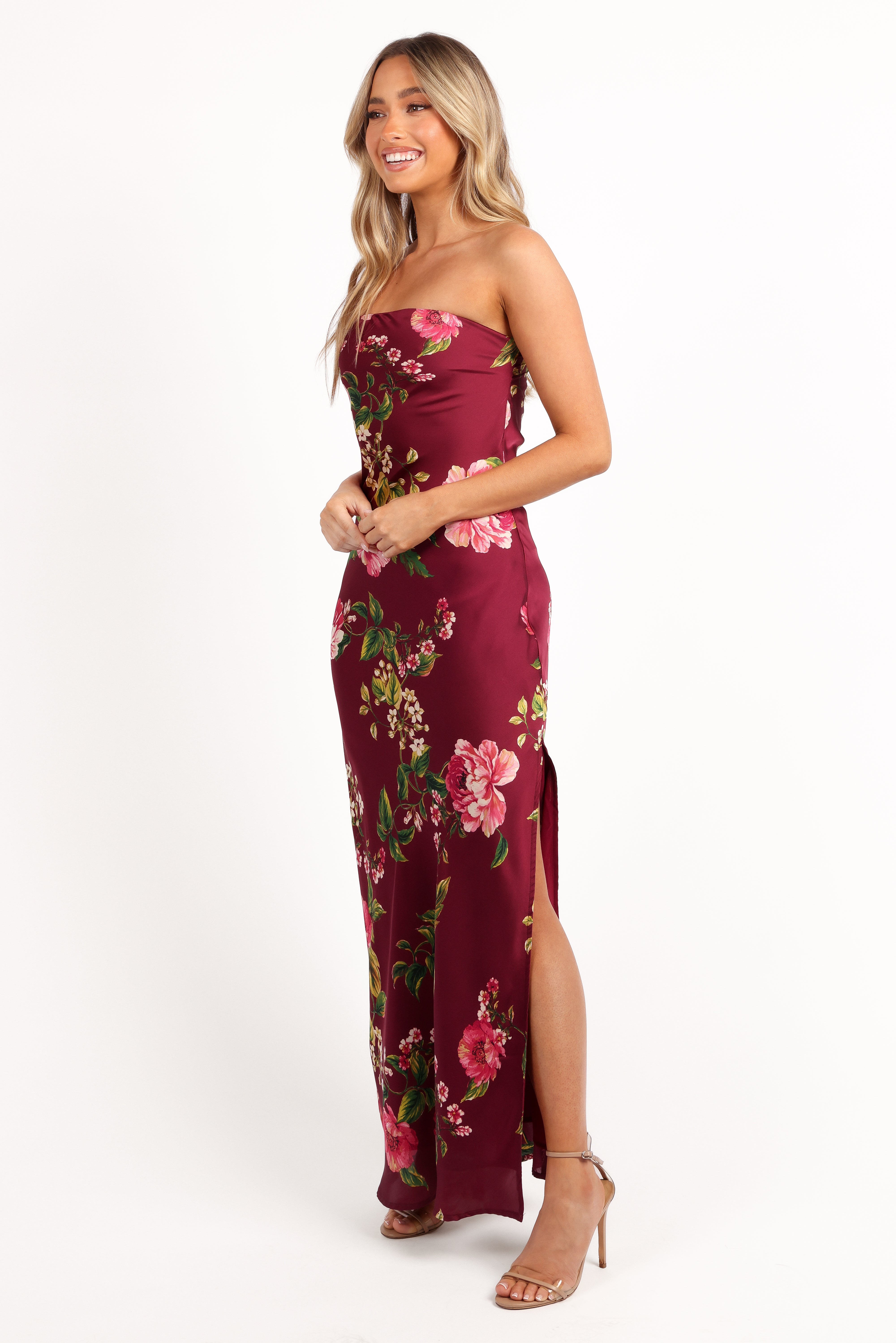 Bryden Strapless Maxi Dress - Burgundy Floral Satin Evening Gown