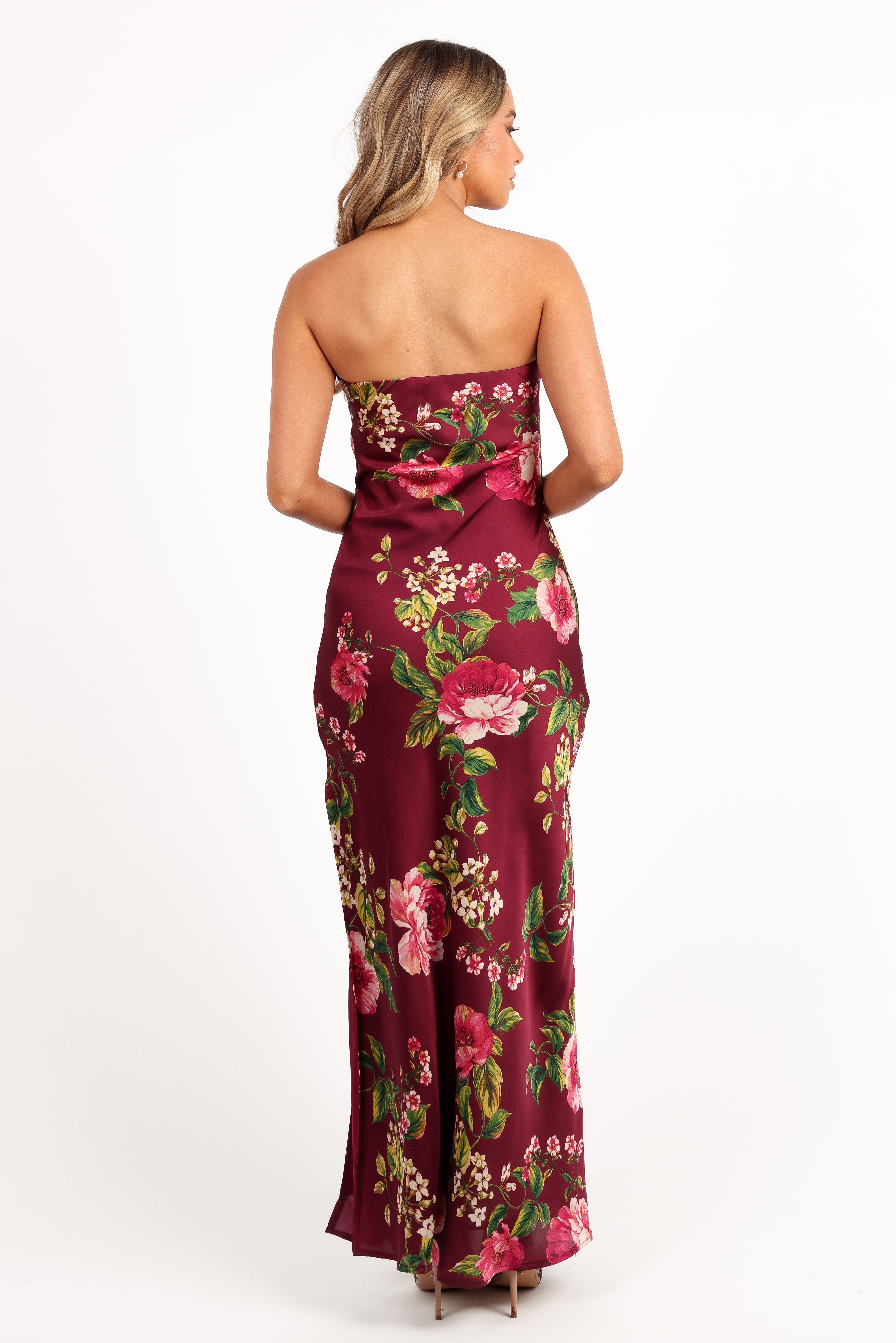Bryden Strapless Maxi Dress - Burgundy Floral Satin Evening Gown