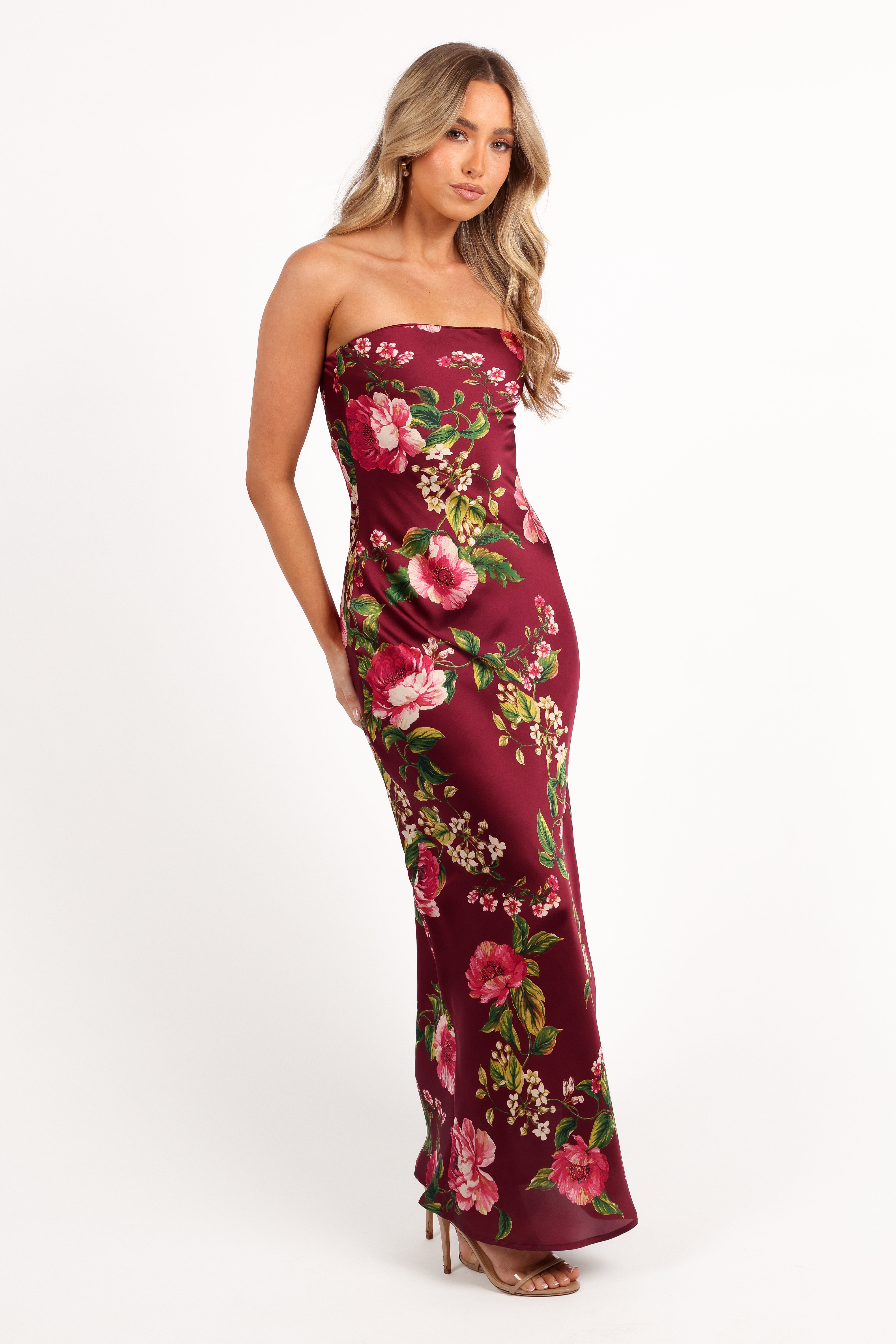 Bryden Strapless Maxi Dress - Burgundy Floral Satin Evening Gown