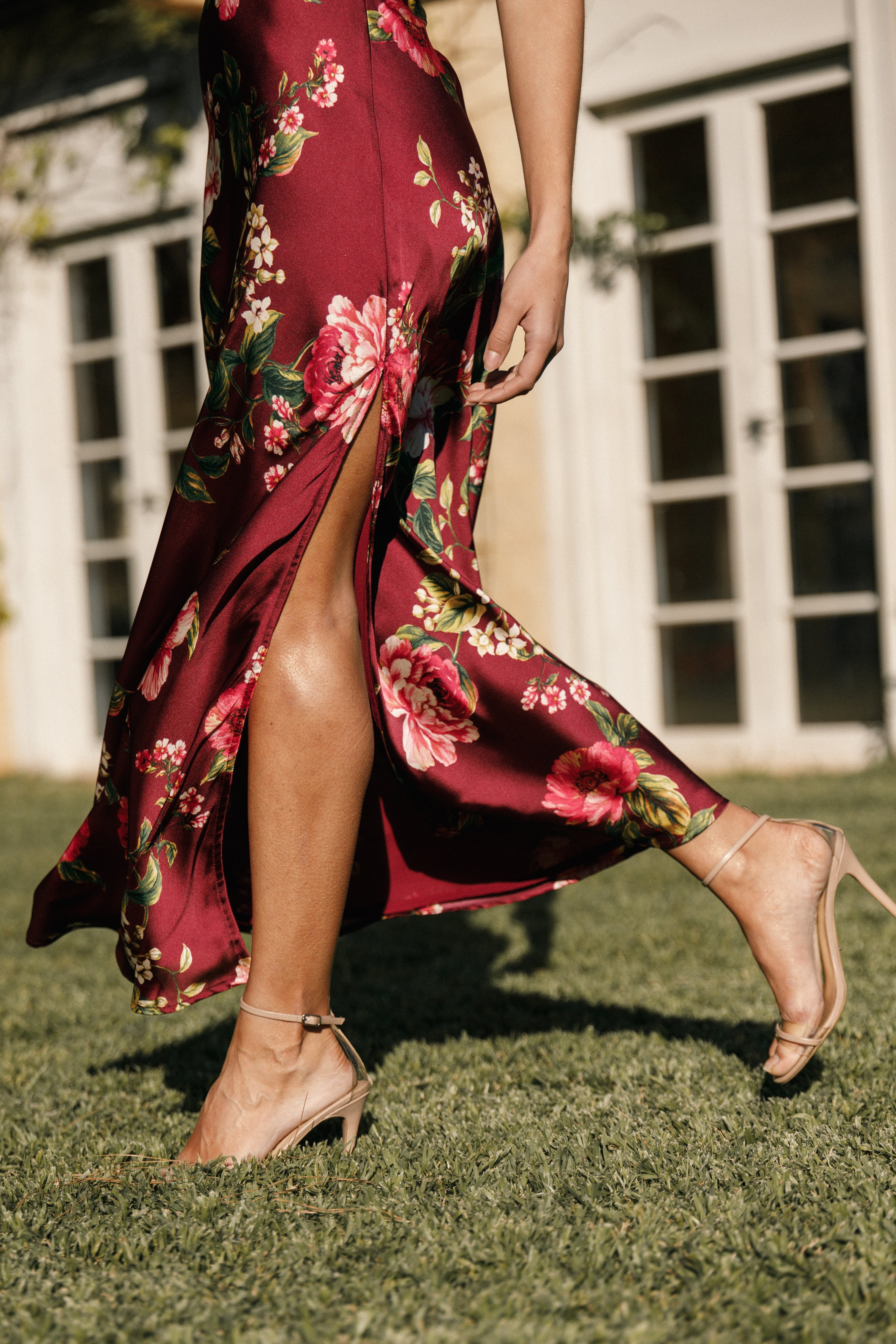 Bryden Strapless Maxi Dress - Burgundy Floral Satin Evening Gown