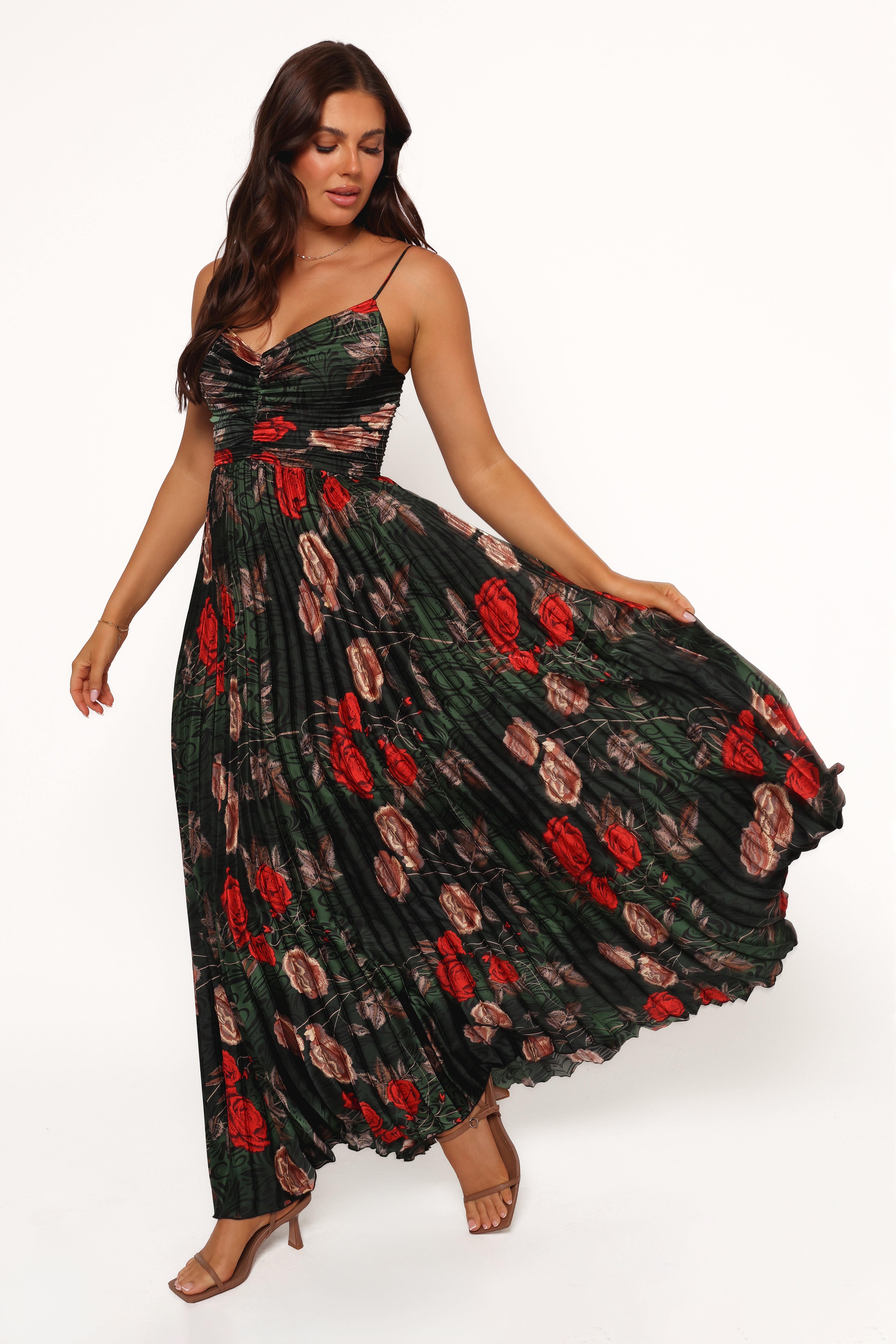 Floral Pleated Maxi Dress - Green Satin V-Neck Evening Gown
