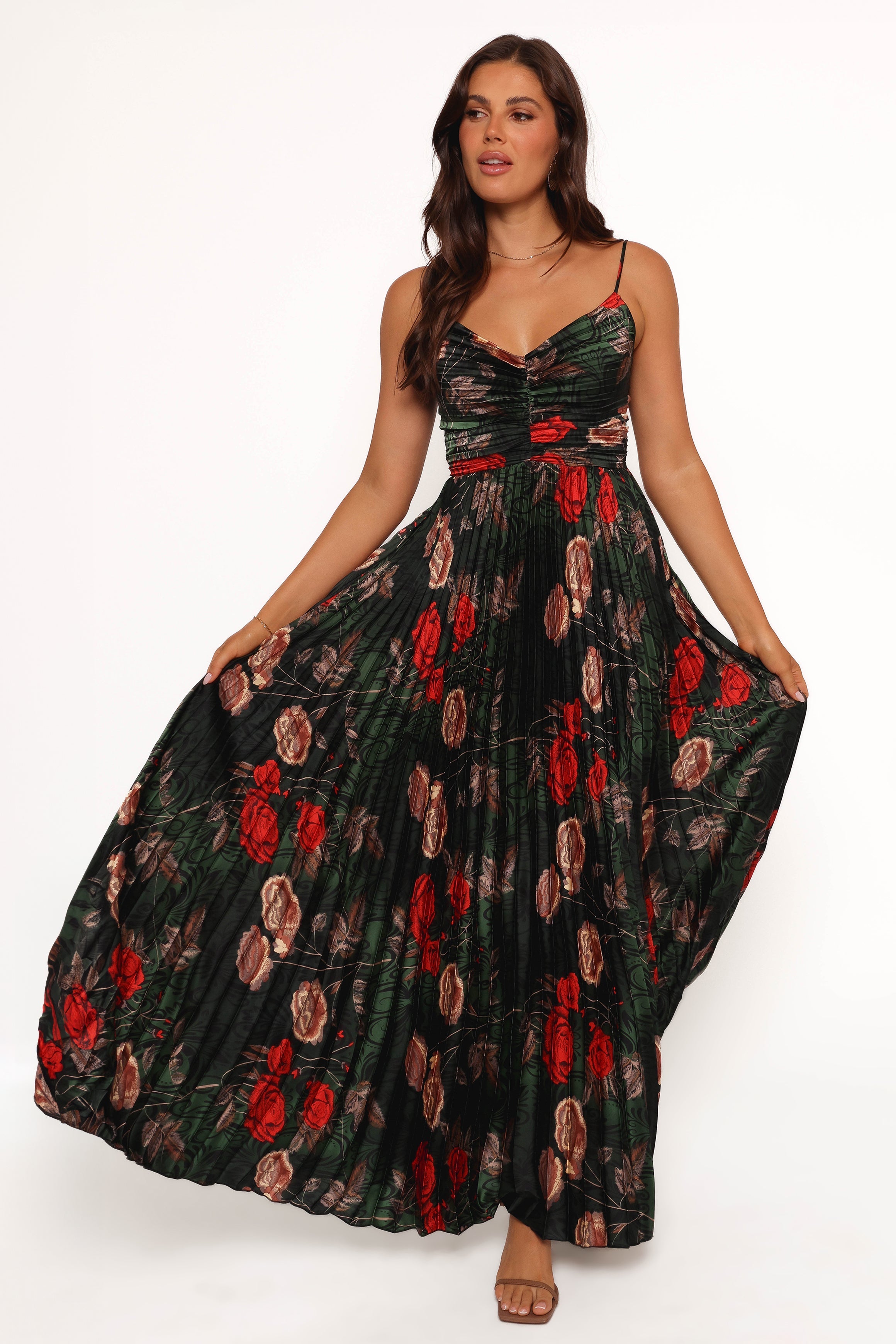 Floral Pleated Maxi Dress - Green Satin V-Neck Evening Gown