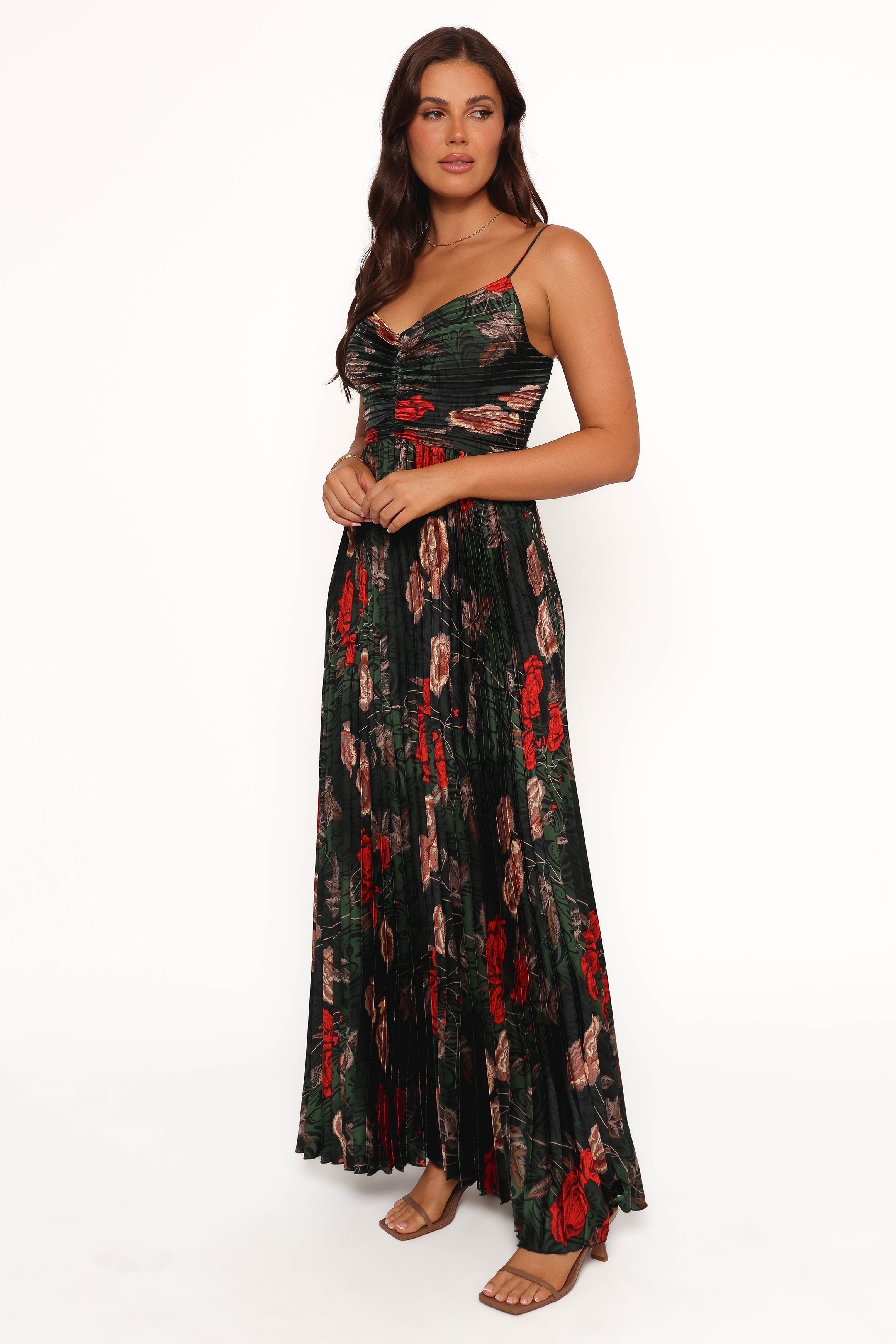 Floral Pleated Maxi Dress - Green Satin V-Neck Evening Gown