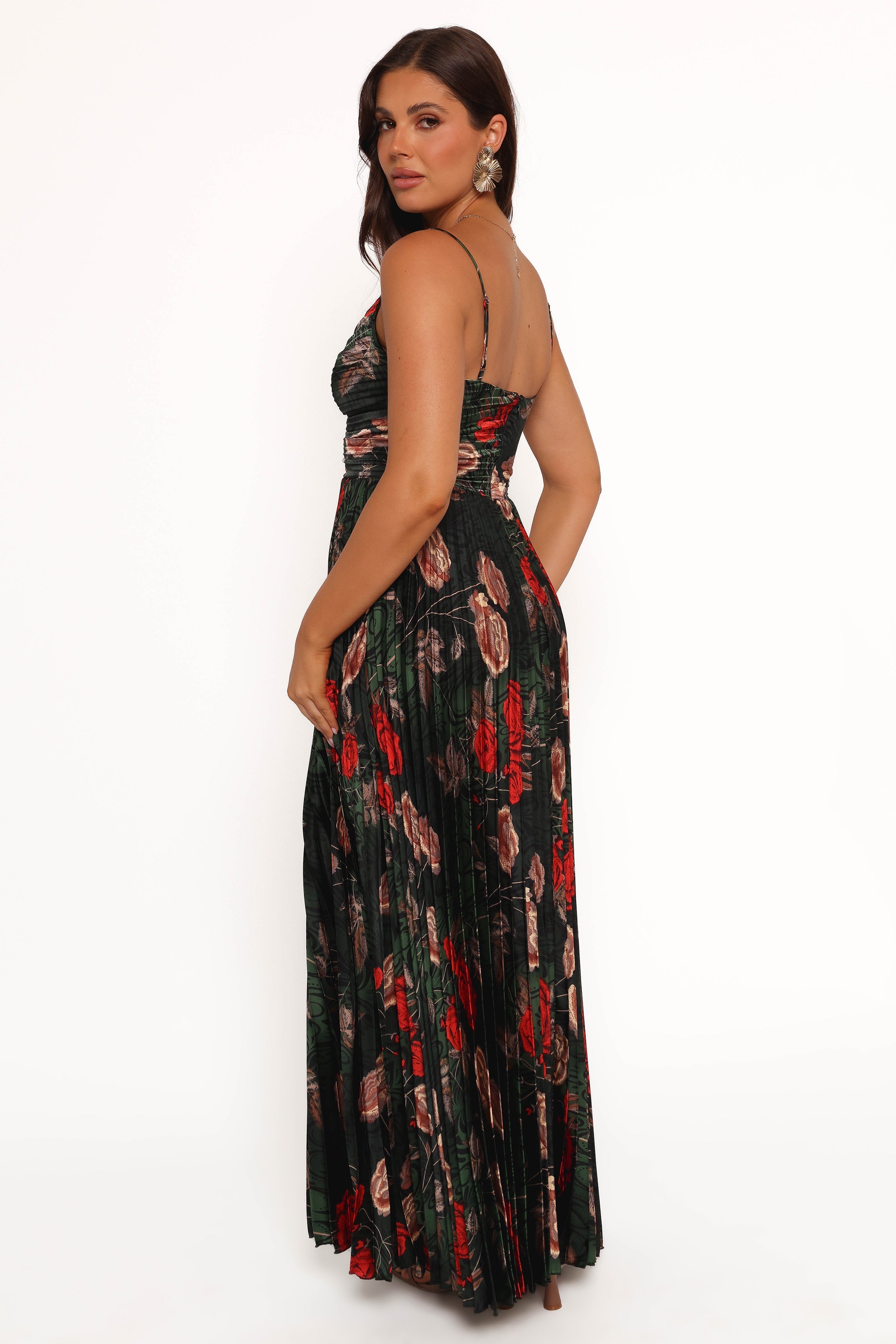 Floral Pleated Maxi Dress - Green Satin V-Neck Evening Gown