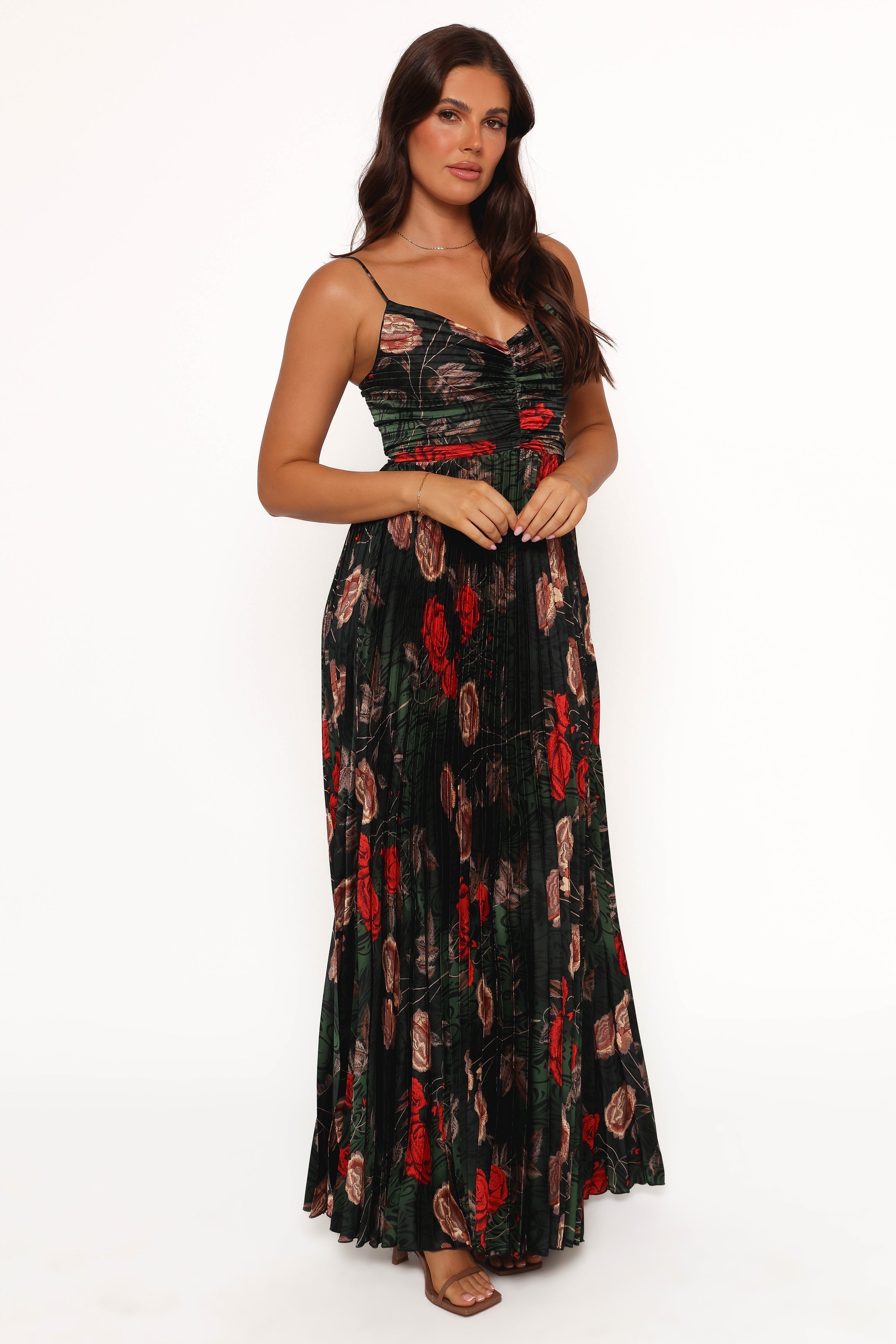 Floral Pleated Maxi Dress - Green Satin V-Neck Evening Gown