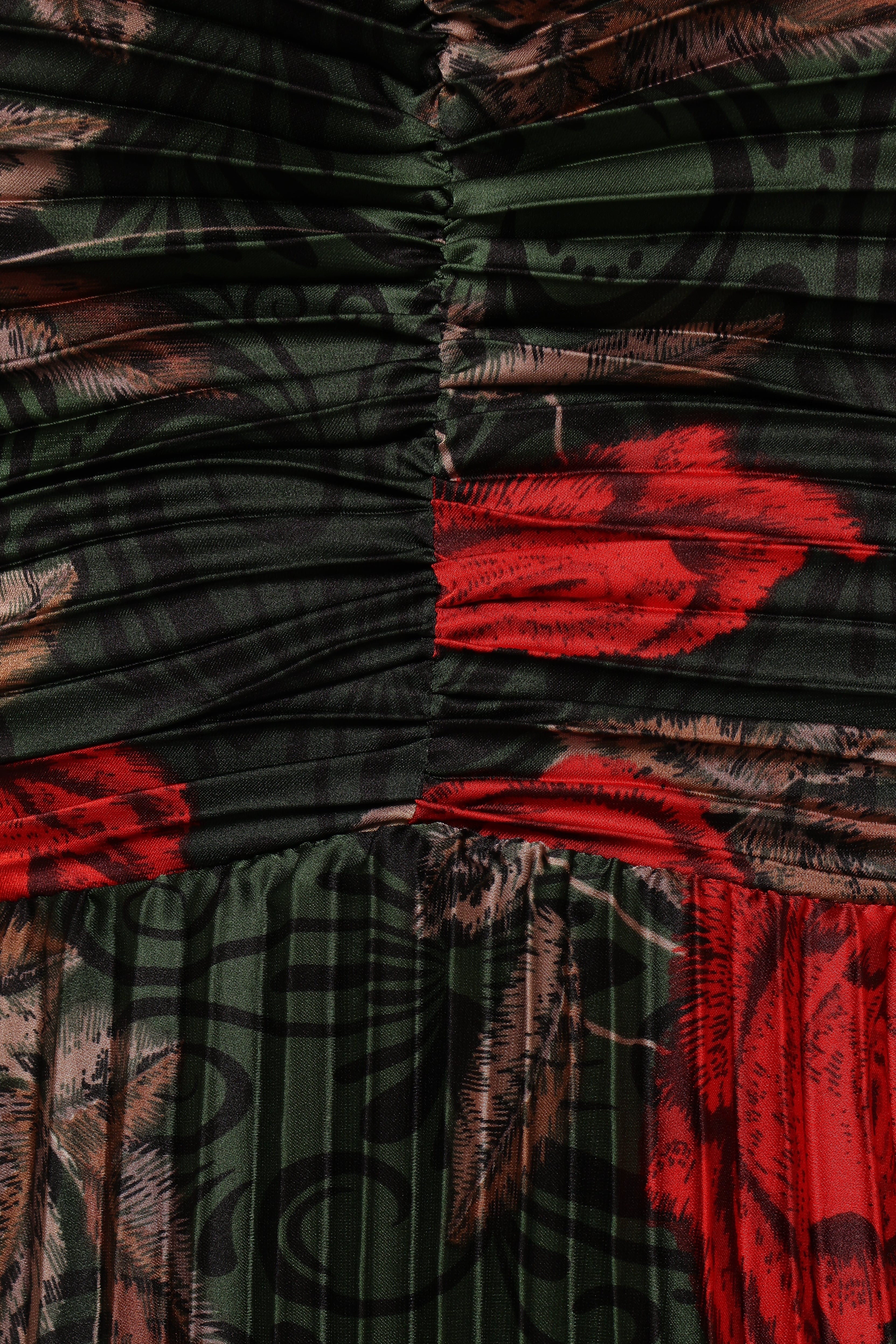 Floral Pleated Maxi Dress - Green Satin V-Neck Evening Gown