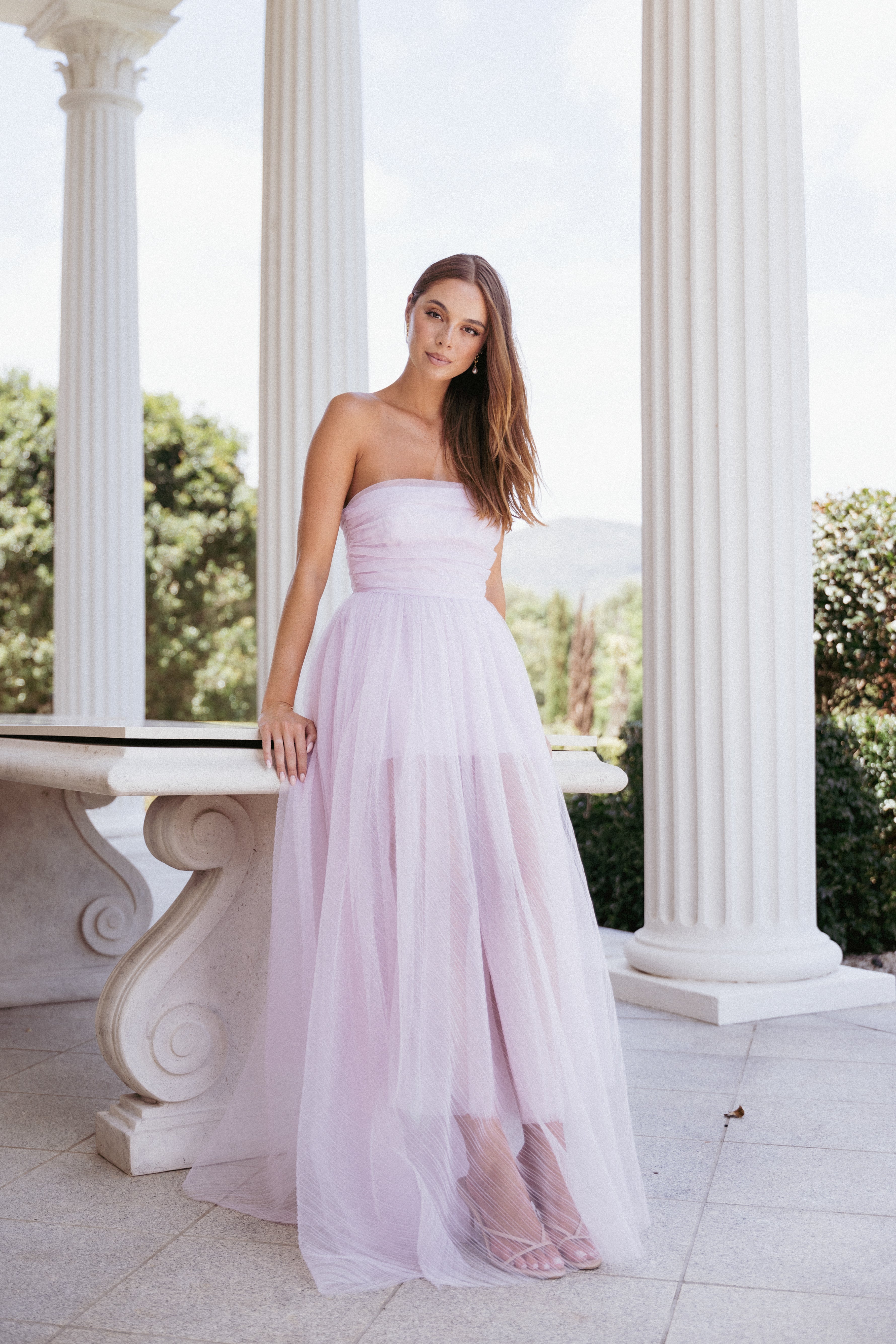Anabella Pale Pink Strapless Tulle Maxi Dress