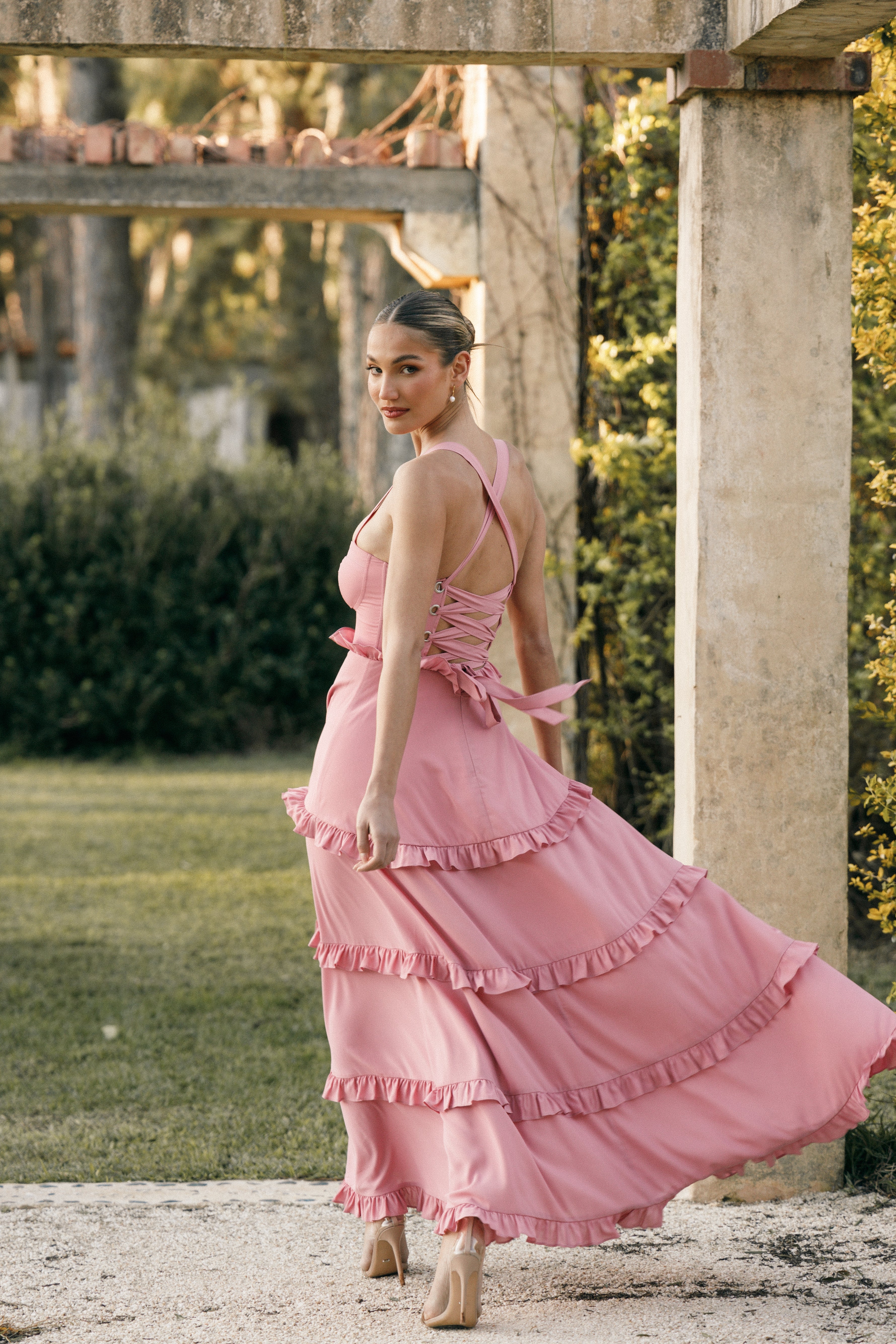 Lillee Mauve Tiered Maxi Dress with Lace-Up Back & Sweetheart Neckline