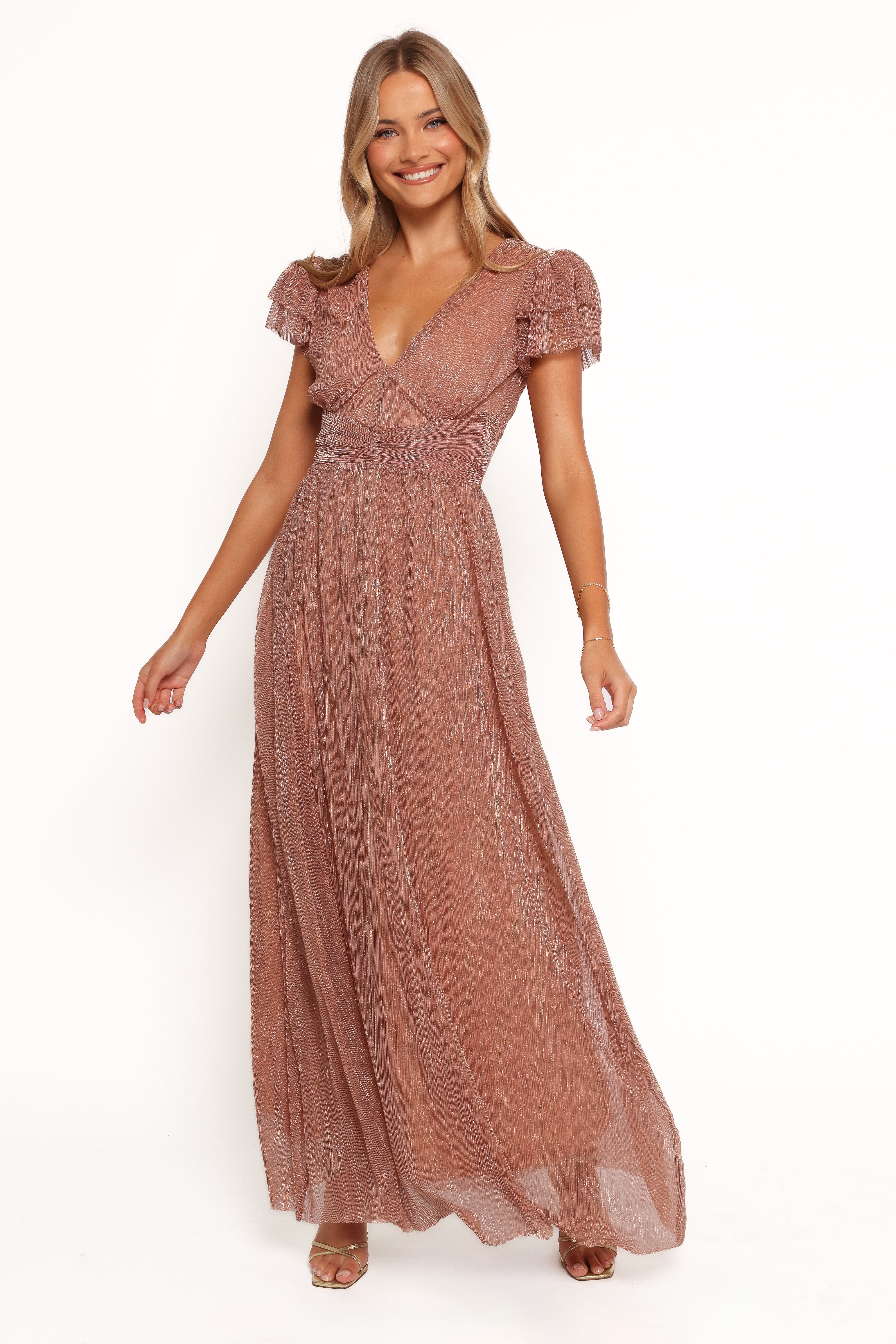 Rose Gold Lurex Maxi Dress with V-Neck & Ruffle Sleeves – Cressida