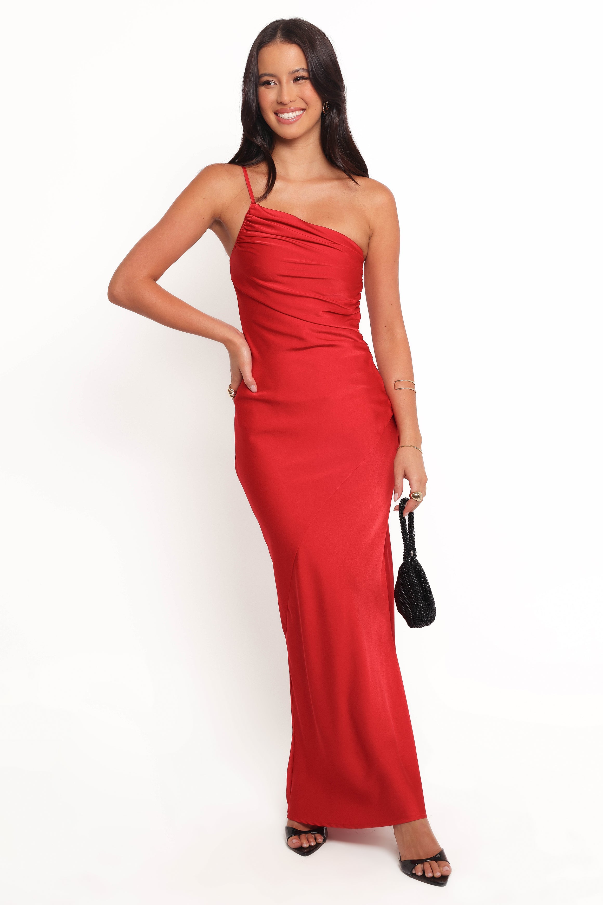 Red One Shoulder Satin Maxi Dress - Safir Elegant Evening Gown