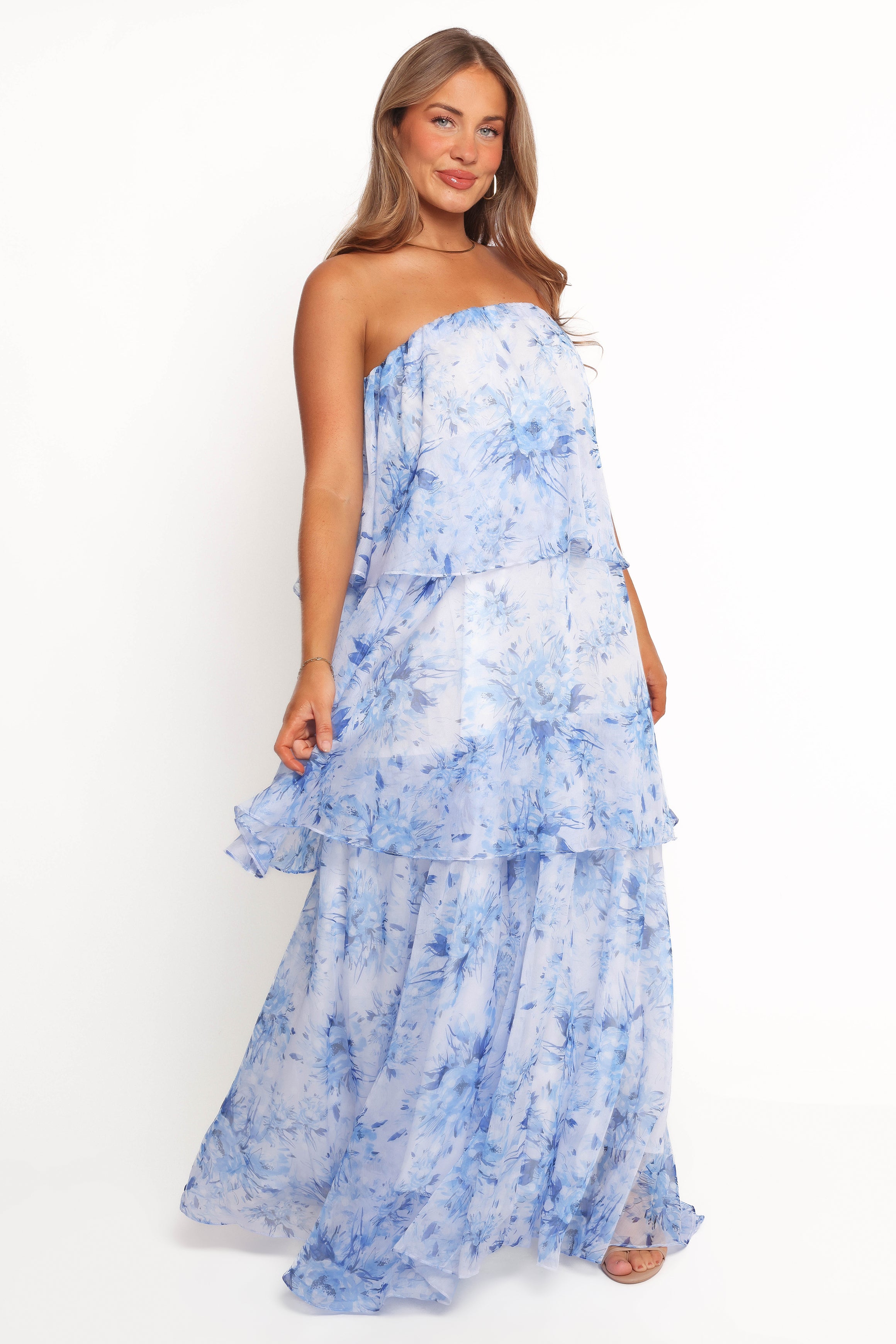 Blue Floral Strapless Maxi Dress for Special Occasions