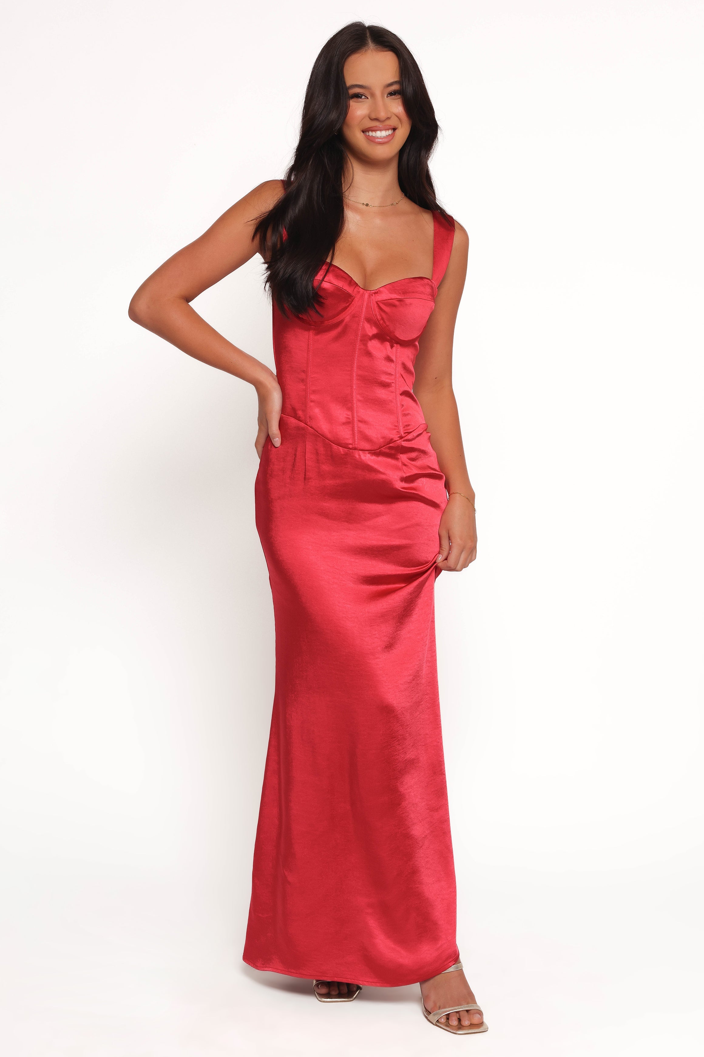 Oura Red Satin Sweetheart Maxi Dress with Corset Top