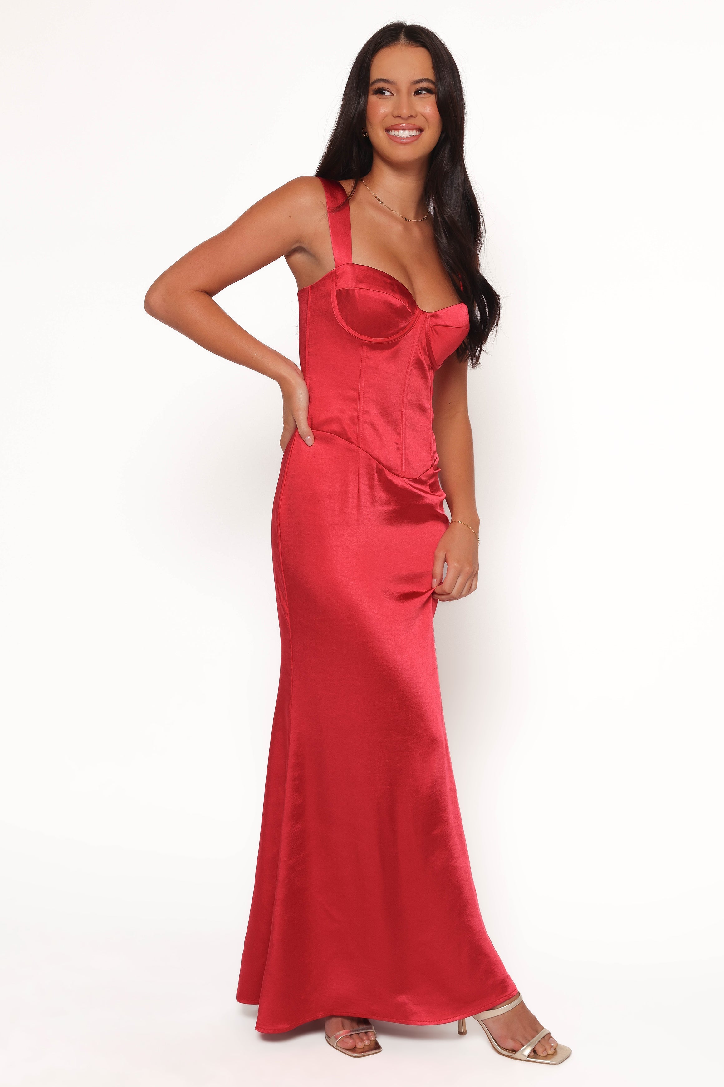 Oura Red Satin Sweetheart Maxi Dress with Corset Top