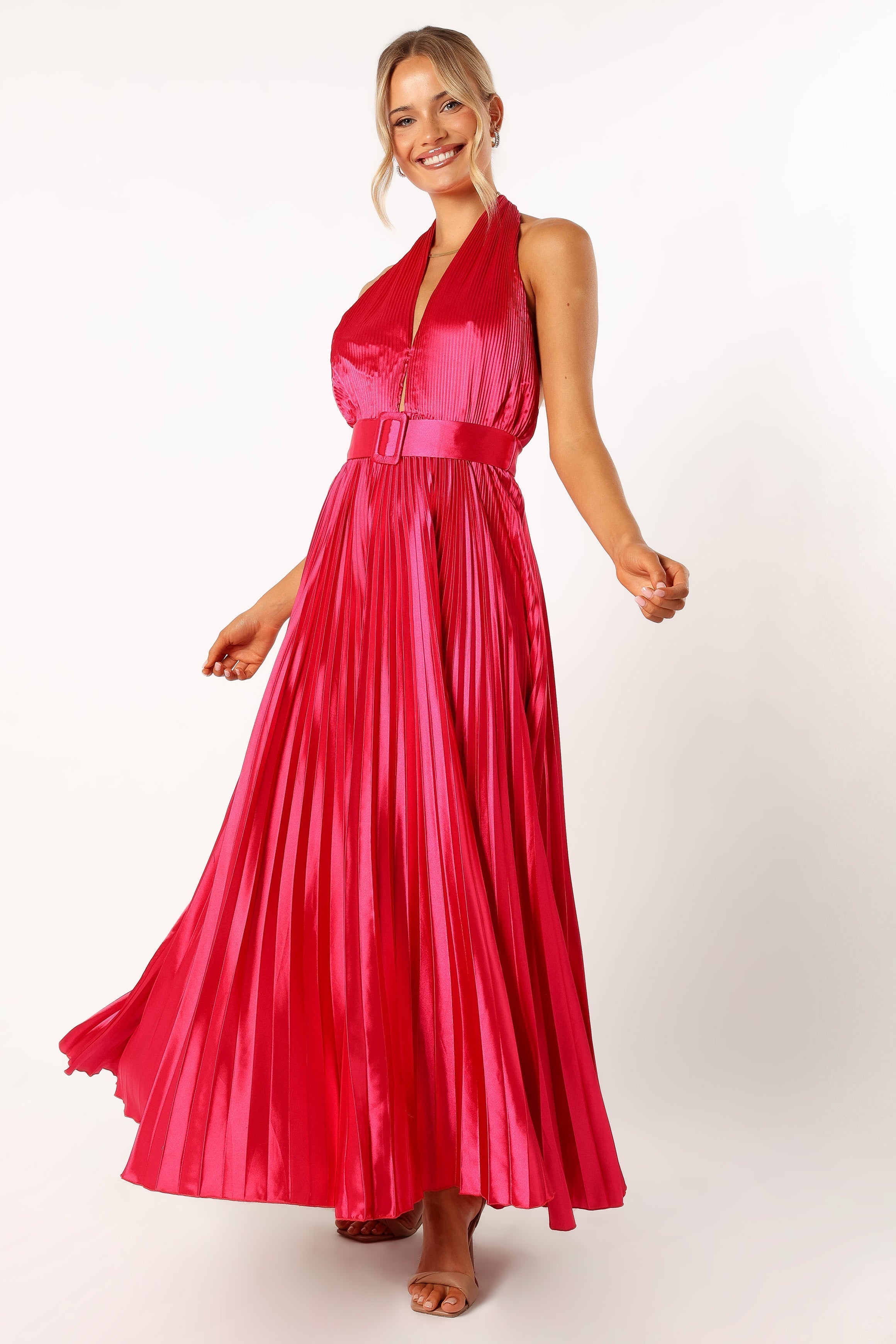 Magenta Halterneck Maxi Dress with Cut Out Detail & Waist Tie