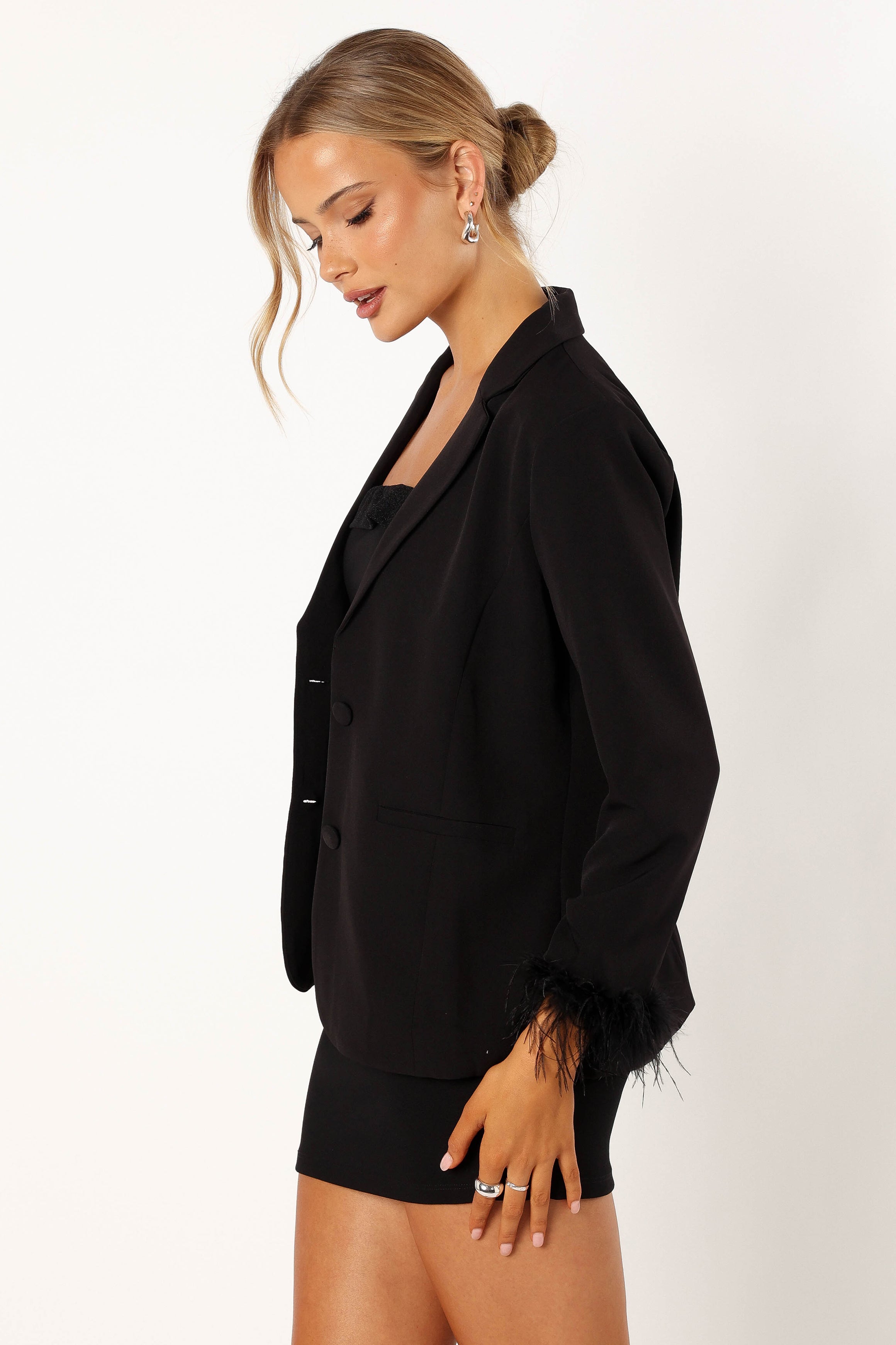 Black Faux Feather Sleeve Blazer with Detachable Cuffs - Rosemary