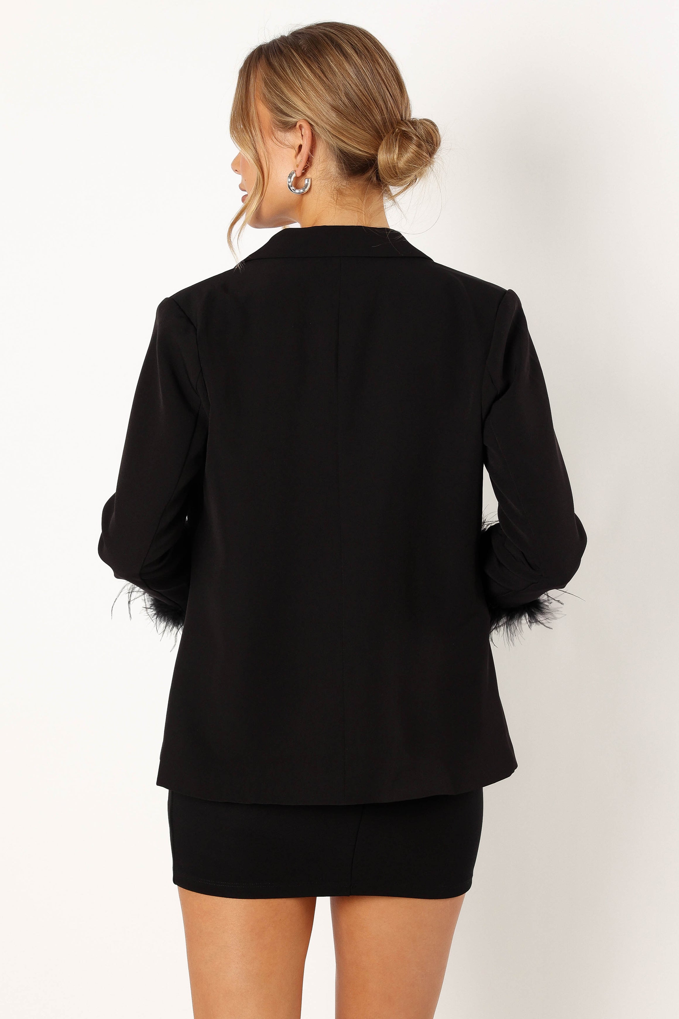Black Faux Feather Sleeve Blazer with Detachable Cuffs - Rosemary