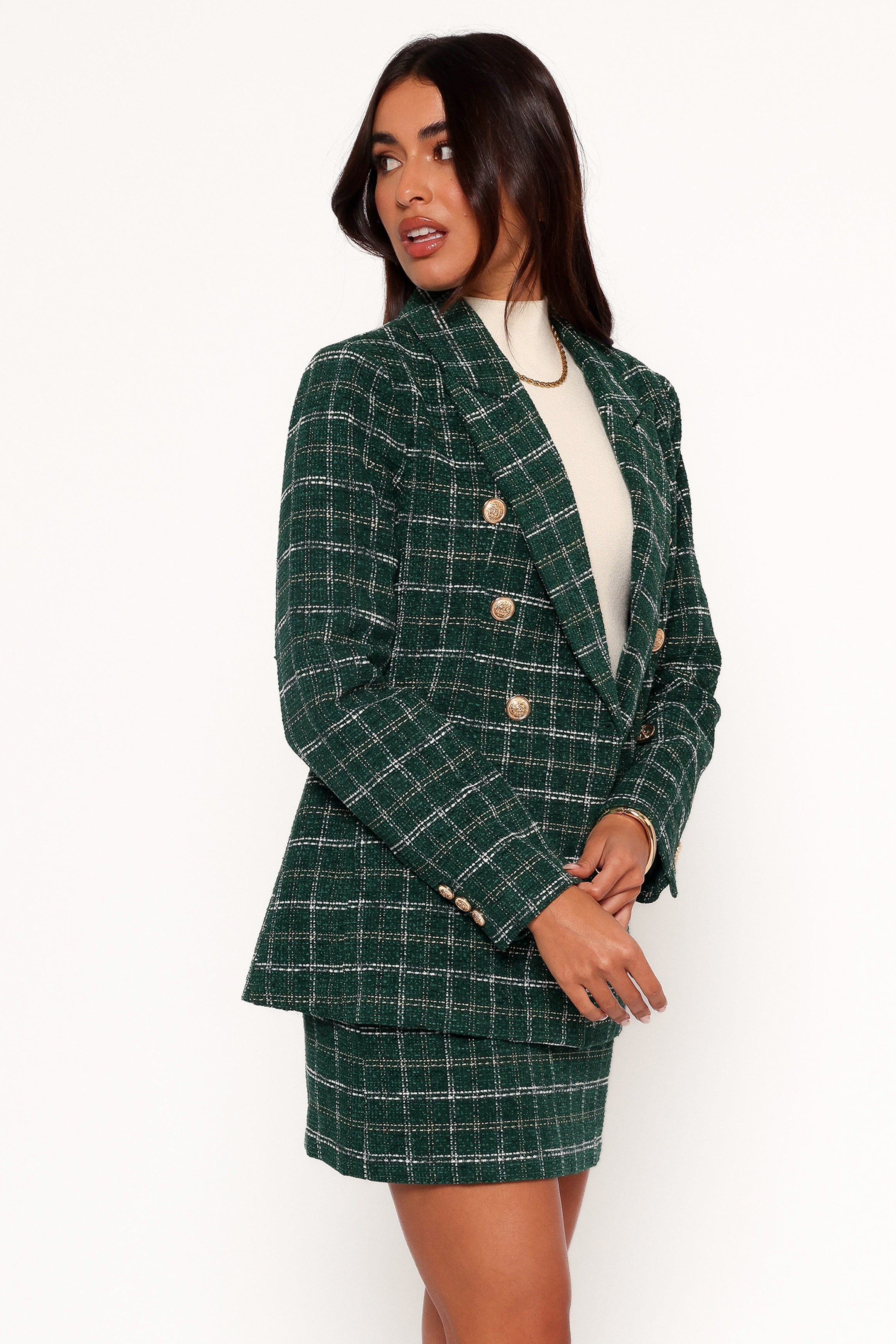 Women's Green Twill Plaid Blazer with Gold Buttons