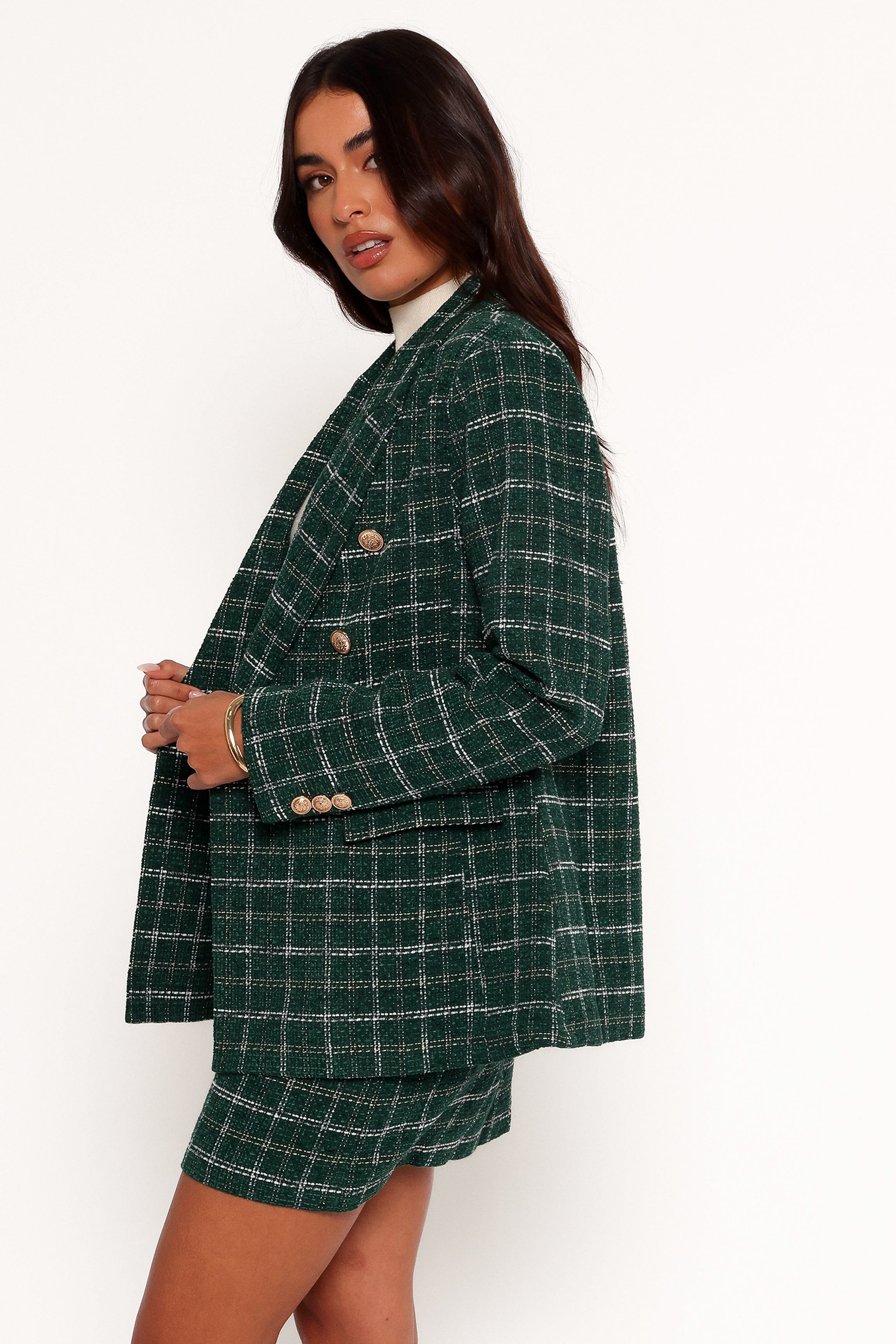 Women's Green Twill Plaid Blazer with Gold Buttons