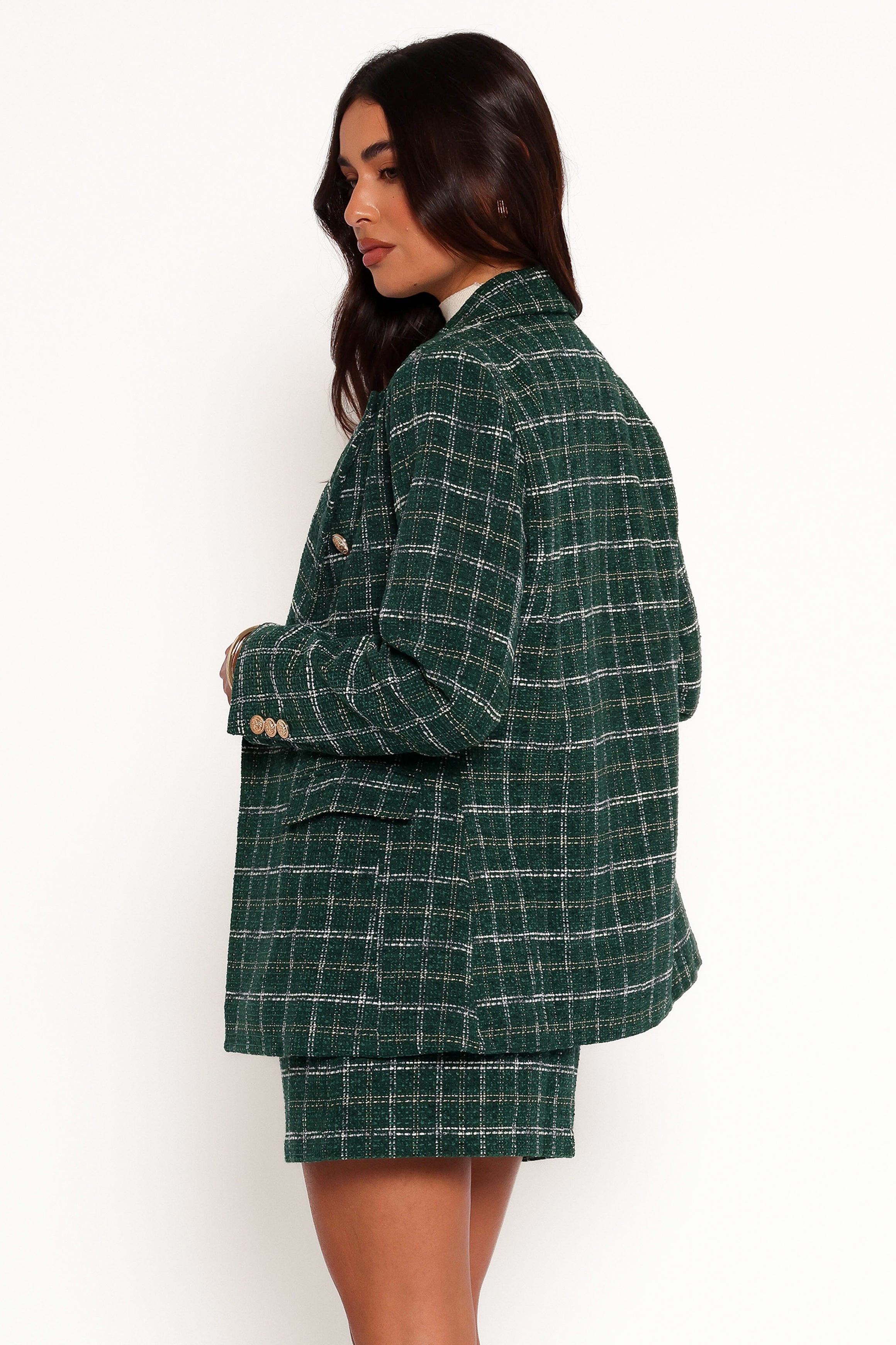 Women's Green Twill Plaid Blazer with Gold Buttons