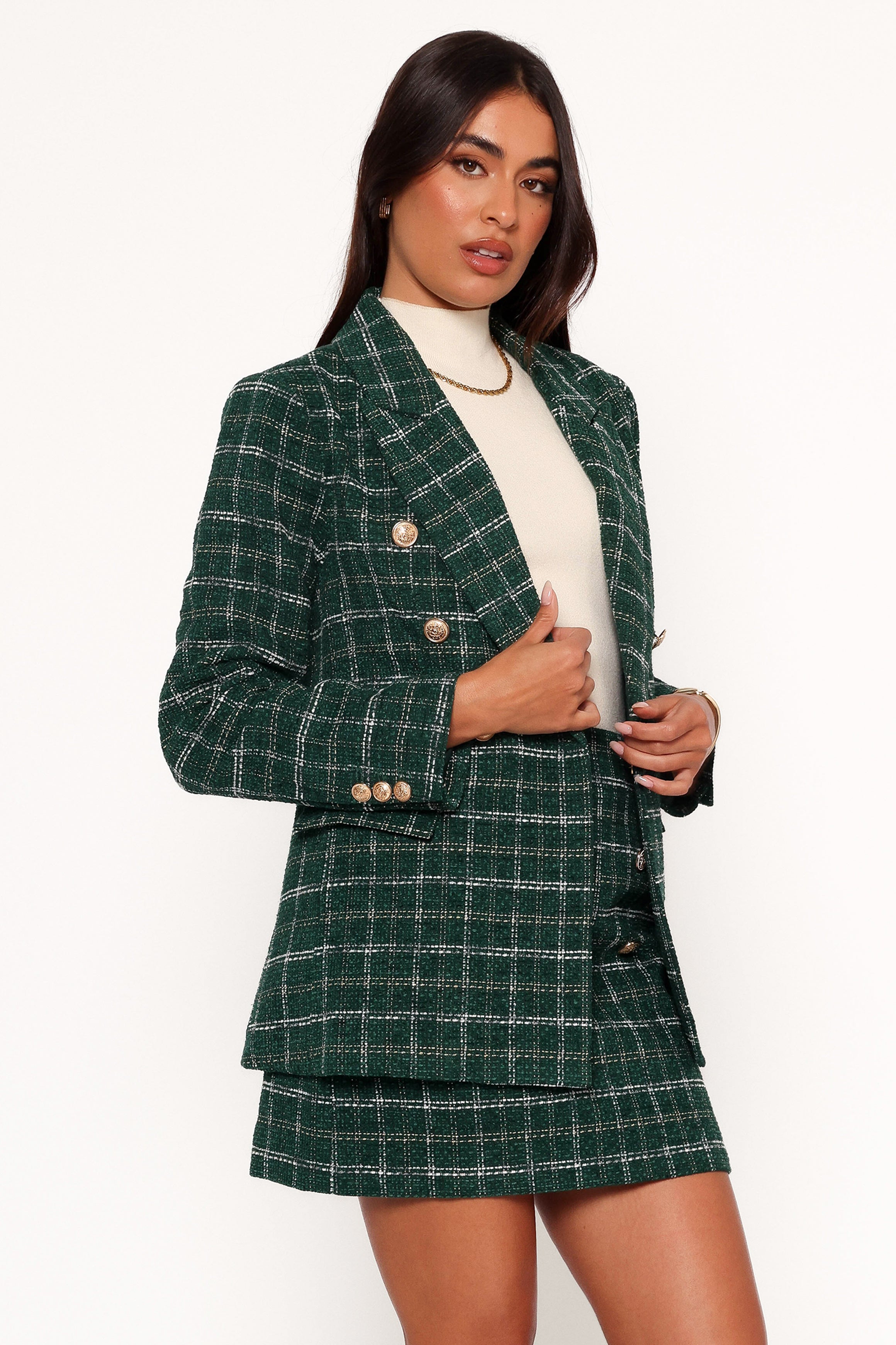 Women's Green Twill Plaid Blazer with Gold Buttons
