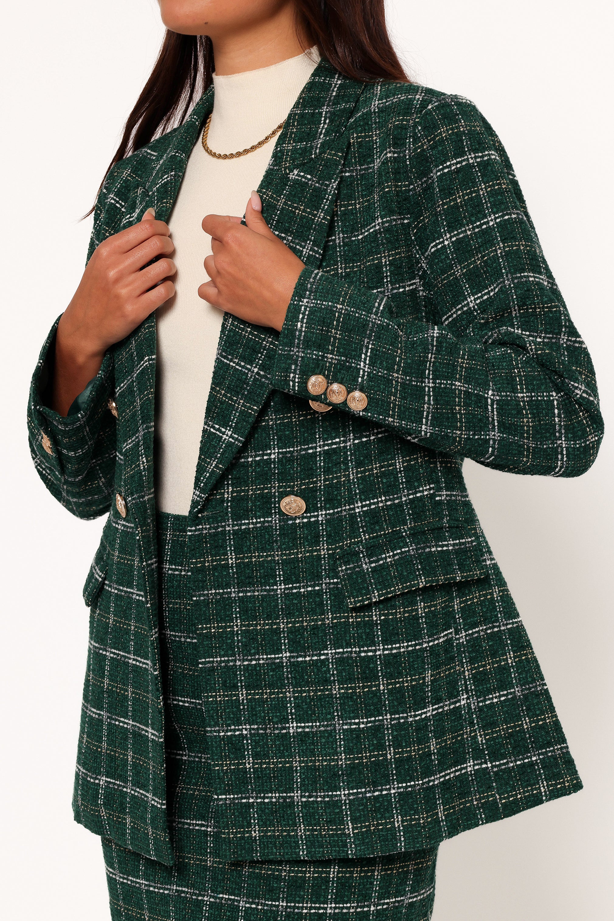 Women's Green Twill Plaid Blazer with Gold Buttons