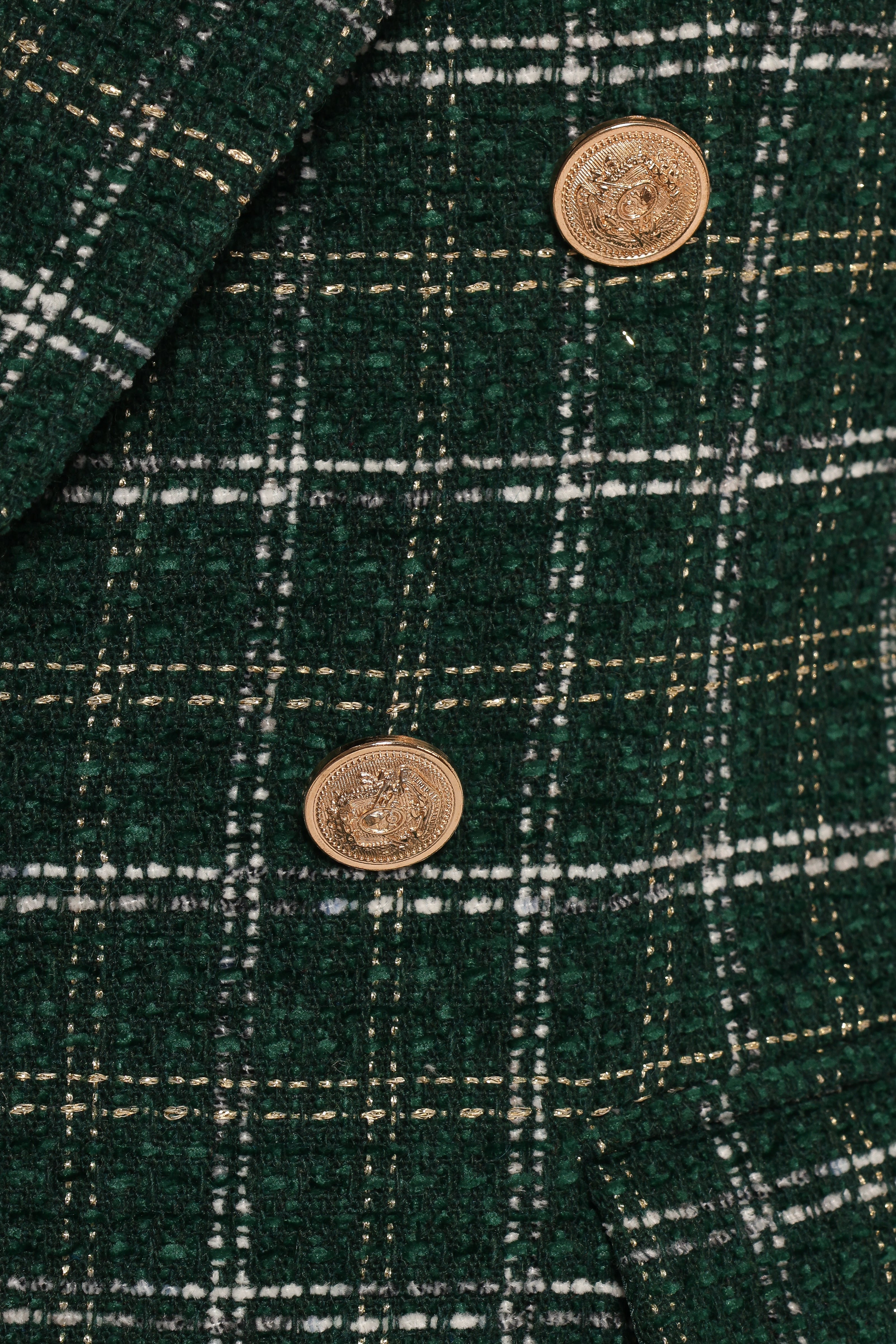 Women's Green Twill Plaid Blazer with Gold Buttons