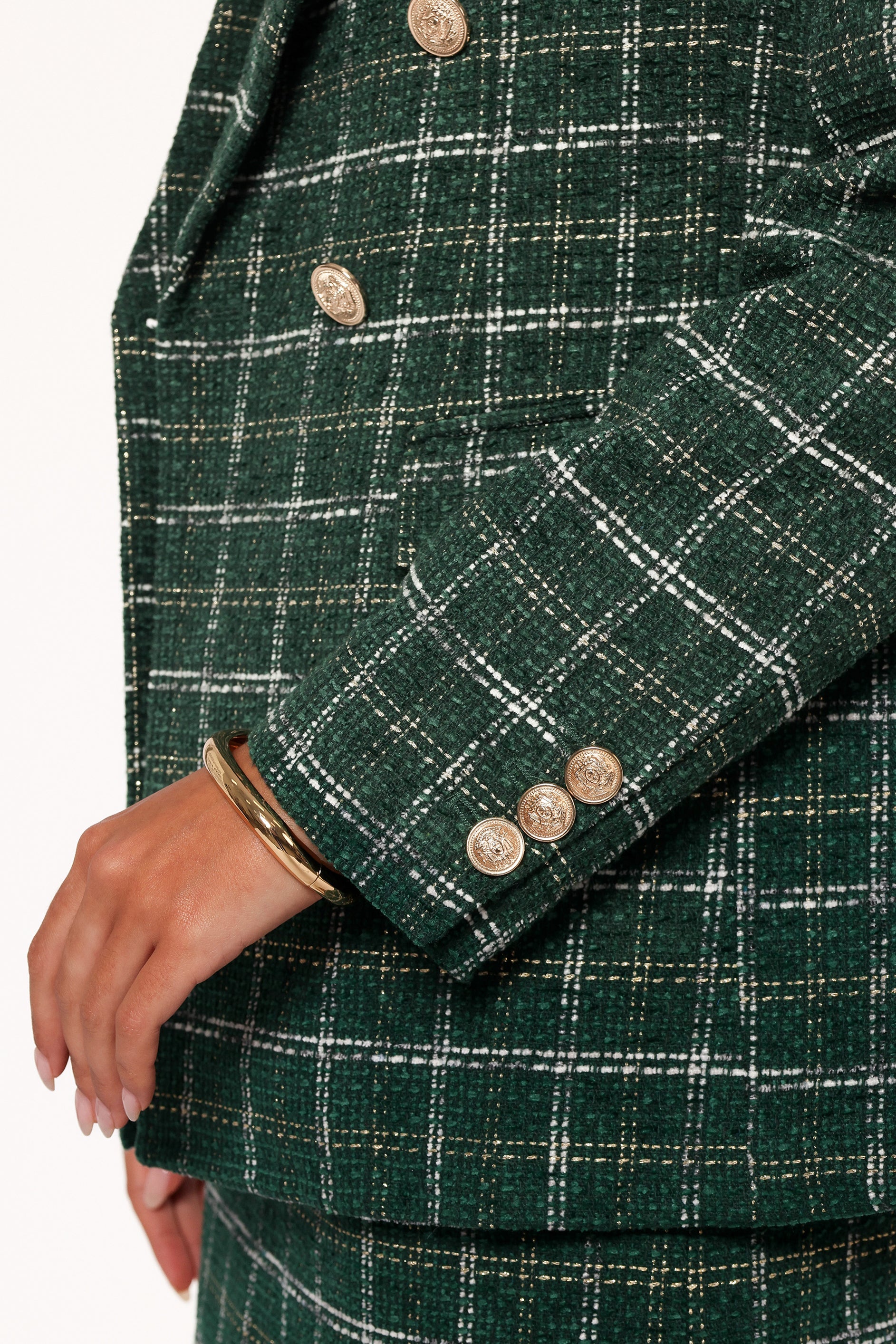 Women's Green Twill Plaid Blazer with Gold Buttons