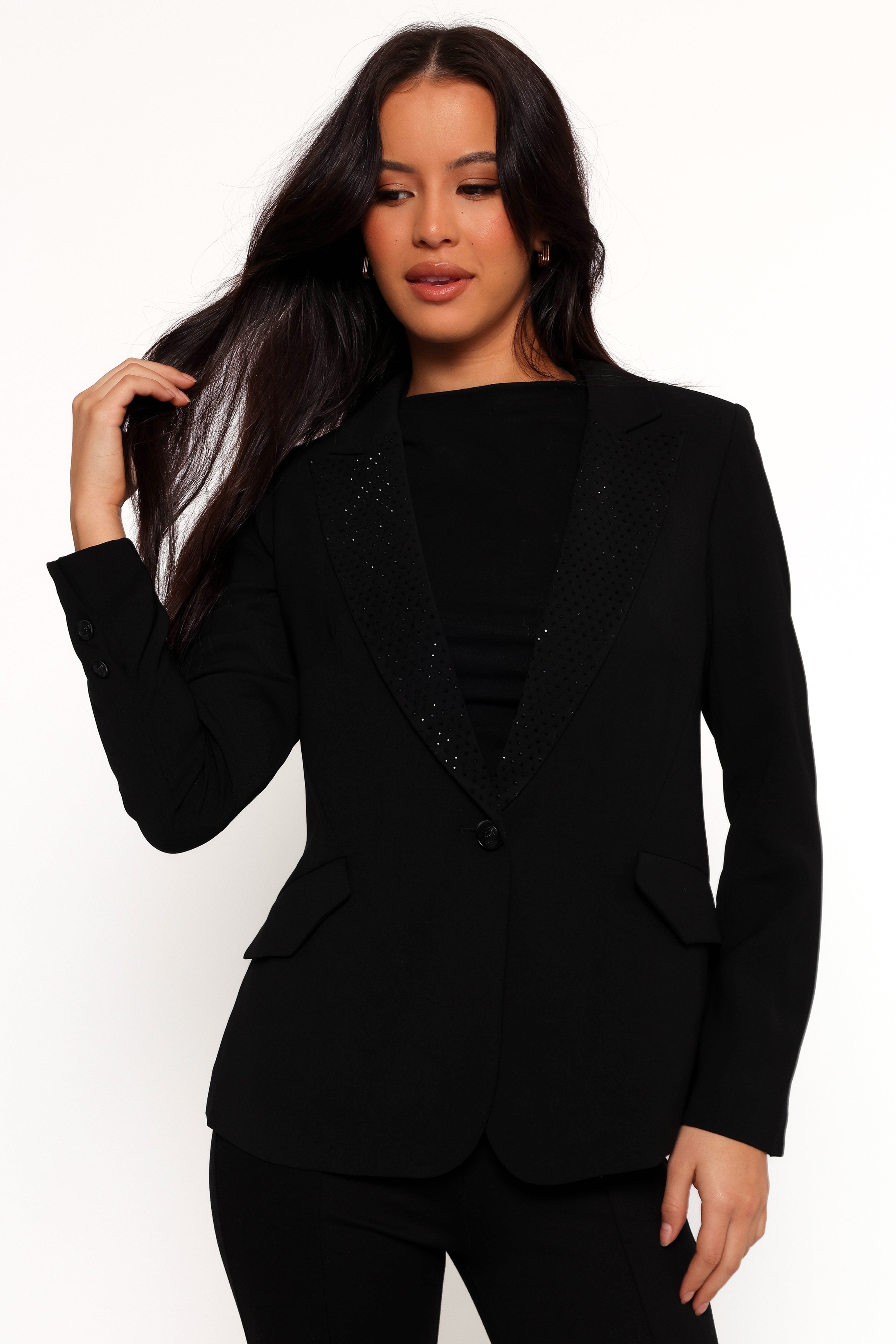 Rhinestone Blazer for Women - Black Luda Single Button Jacket