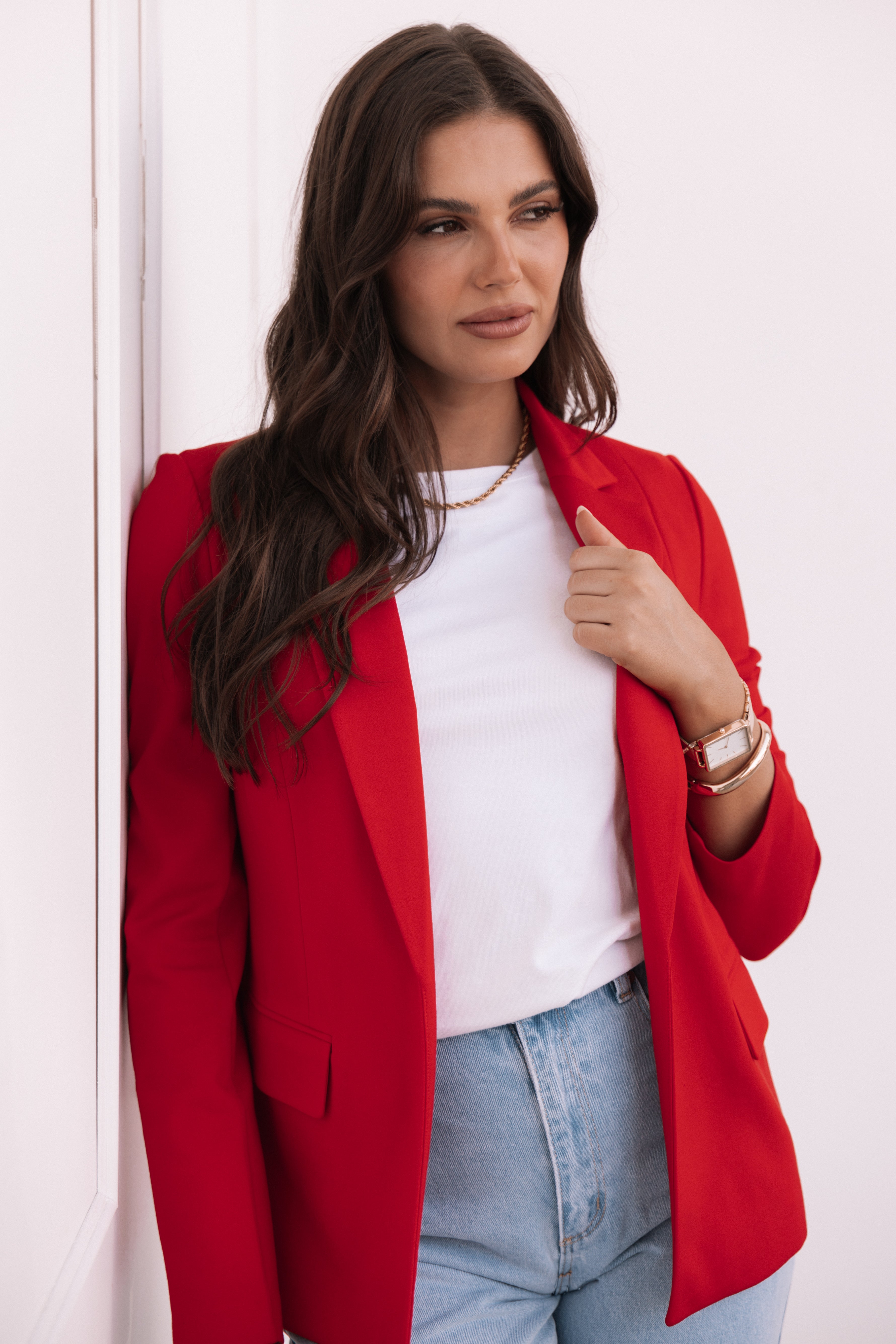 Women's Scarlet Red Knit Blazer - Open Front Ronny Style