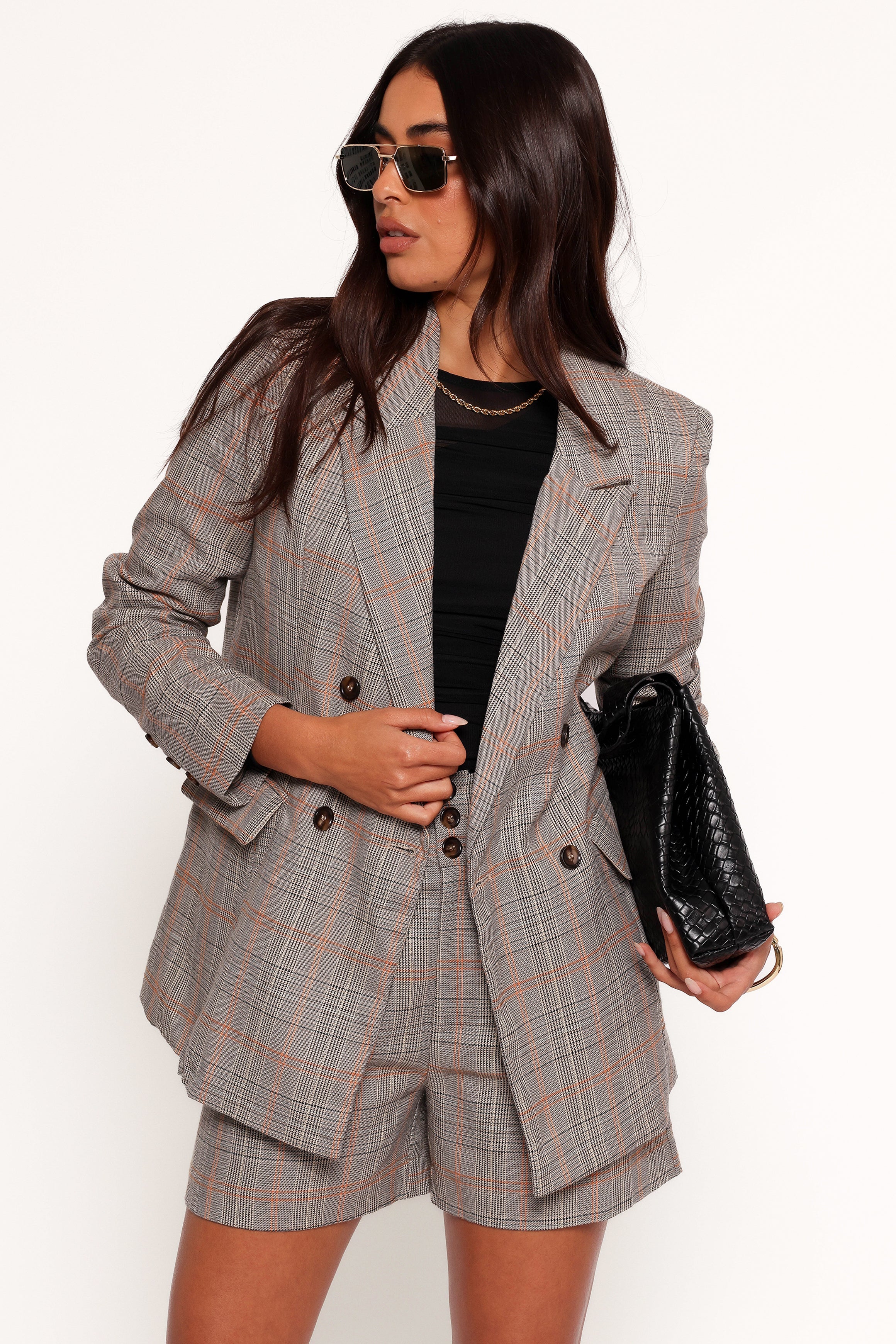 Women's Taupe Plaid Blazer - Lesia Double Button Fitted Jacket