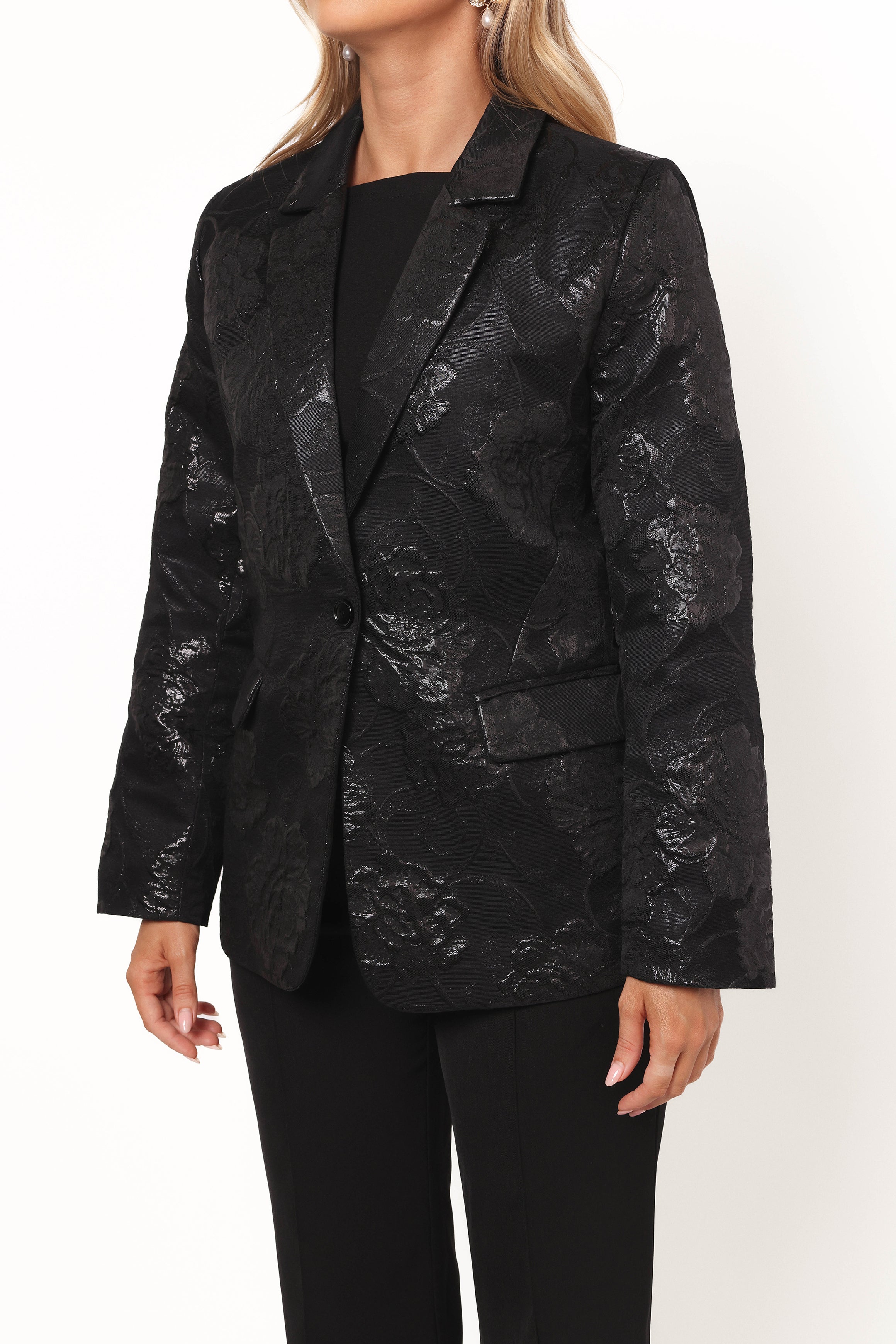 Mossie Jacquard Blazer with Metallic Floral Print - Black