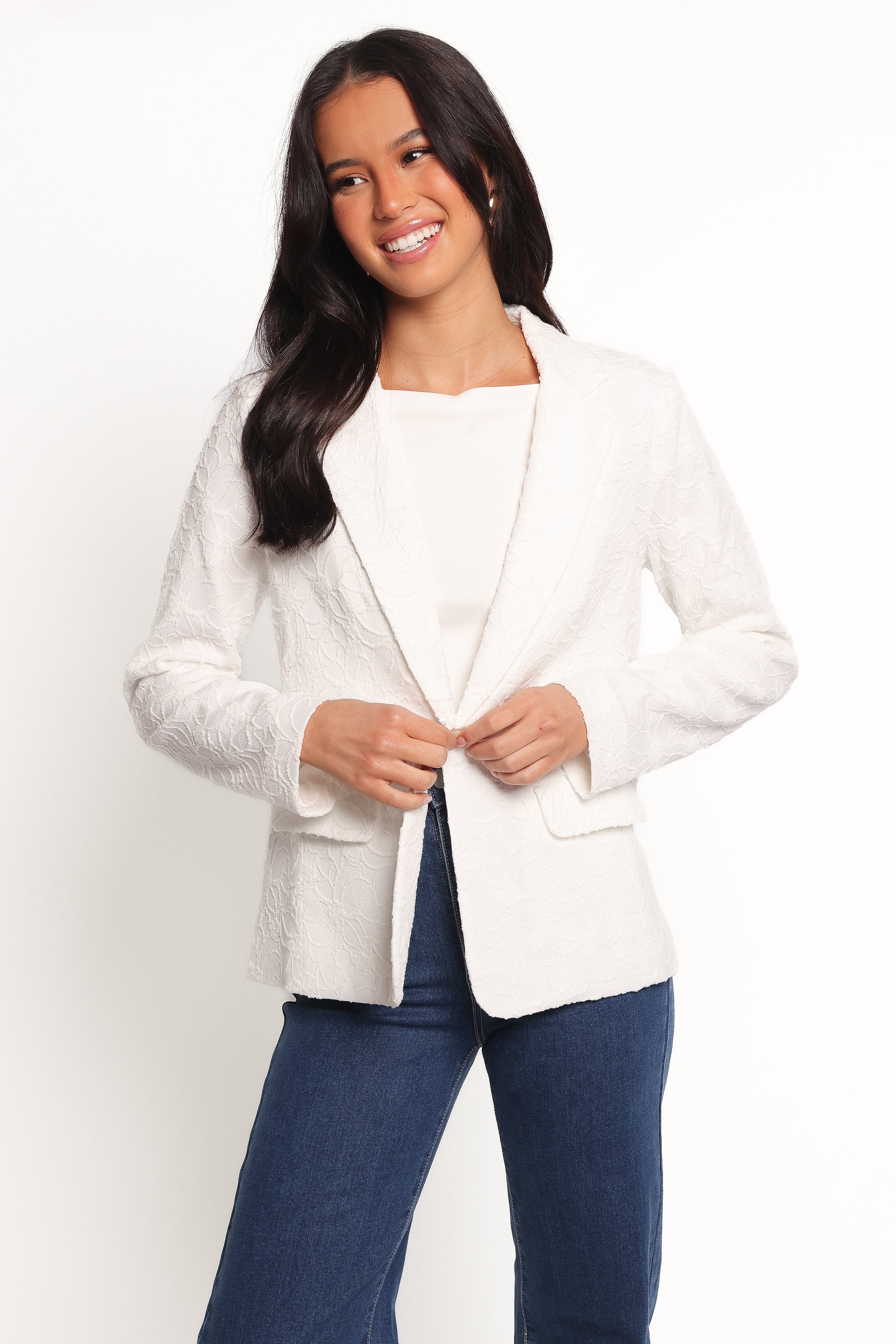Darian Off White Lace Knit Blazer - Single Button Women's Jacket