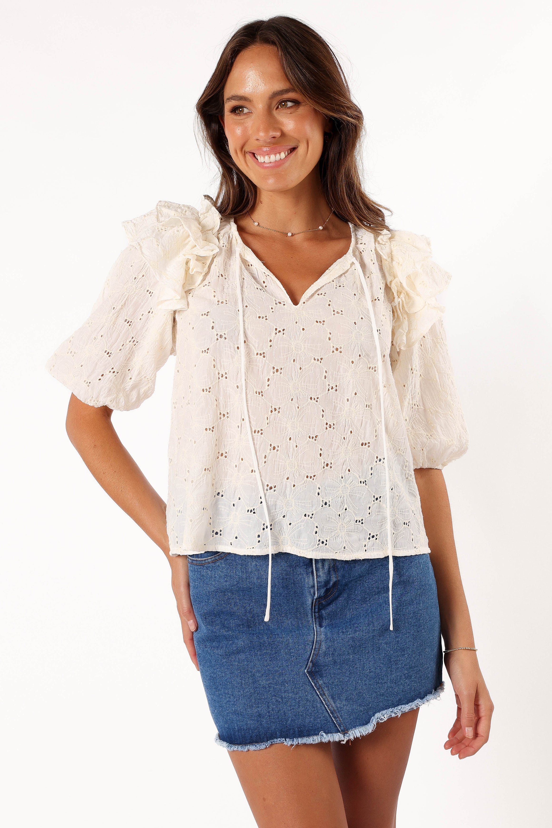 Women's Cream V-Neck Ruffled Blouse with Frill Sleeves