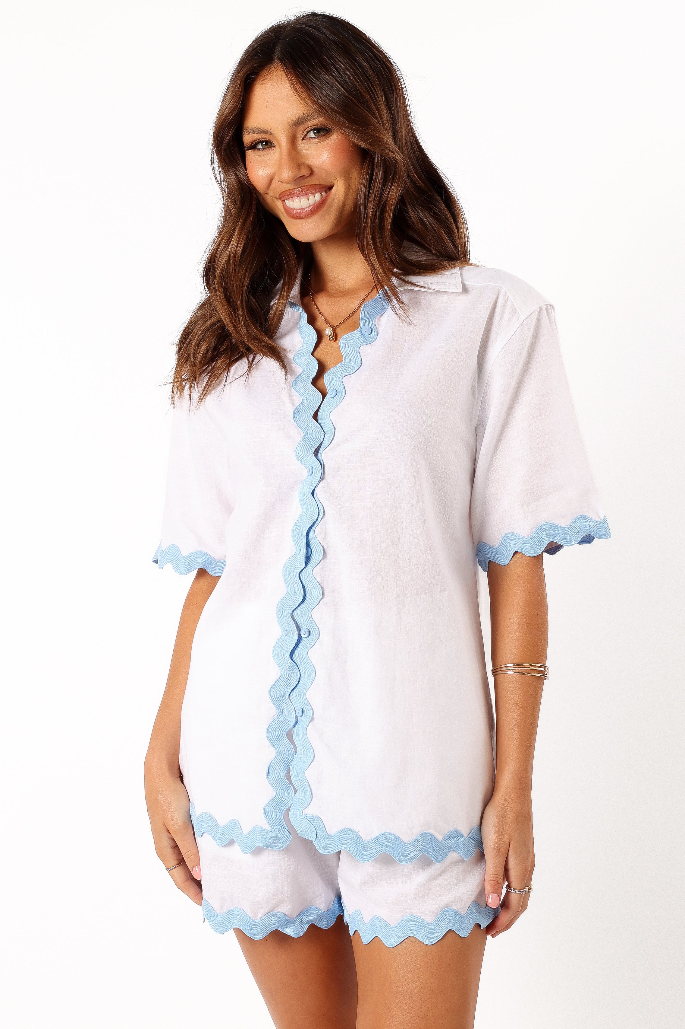Men's Oversized V-Neck Button Down Shirt - White & Blue Contrast Trim