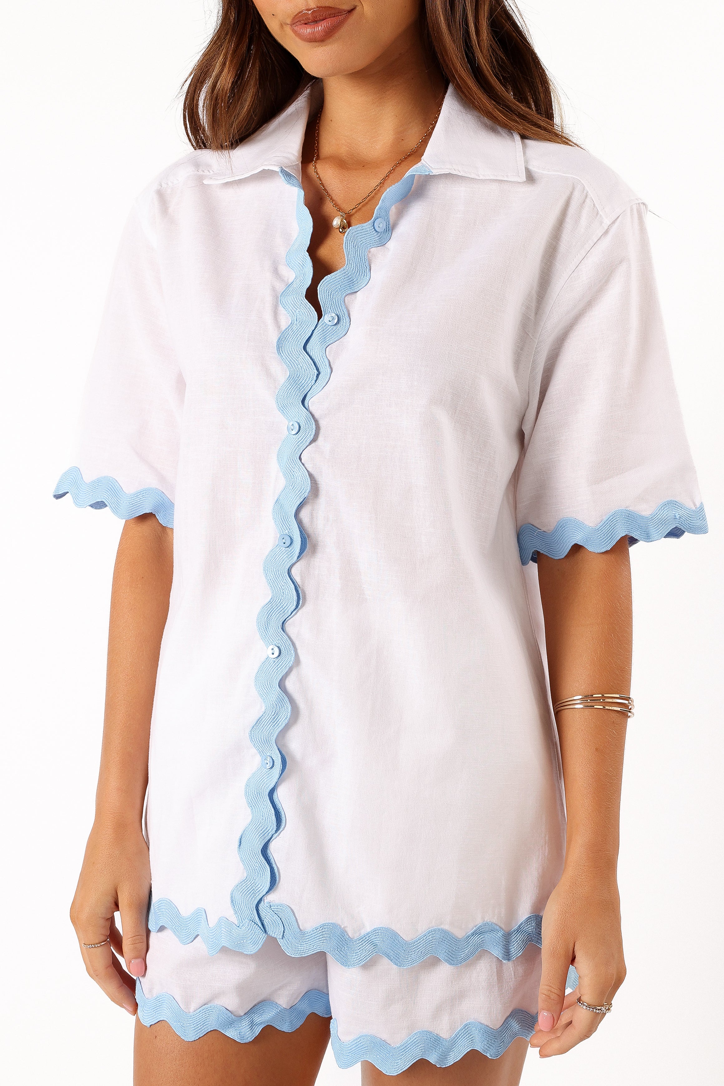 Men's Oversized V-Neck Button Down Shirt - White & Blue Contrast Trim