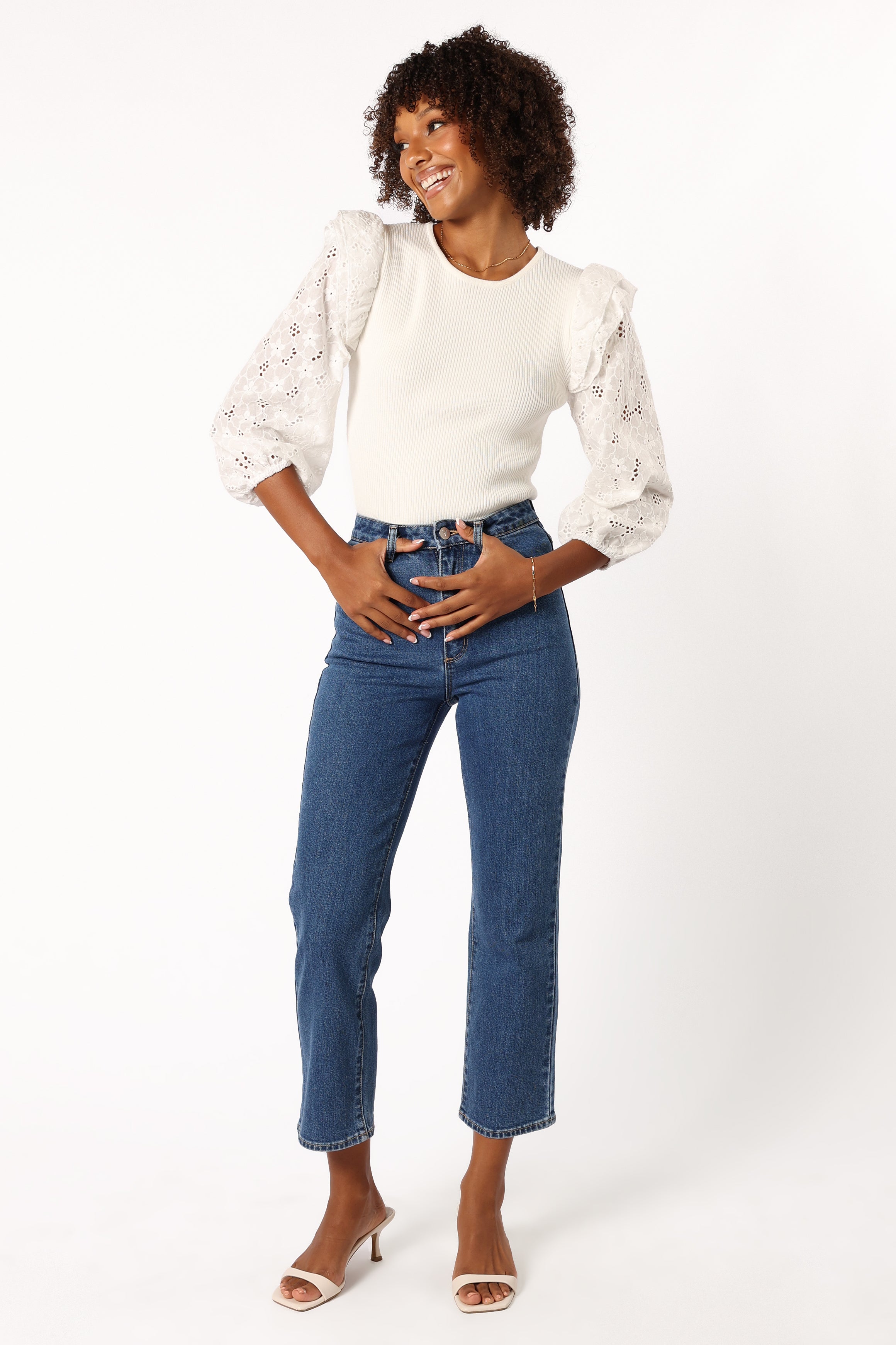 White Lace Sleeve Ribbed Knit Top - Slim Fit Cotton Blend