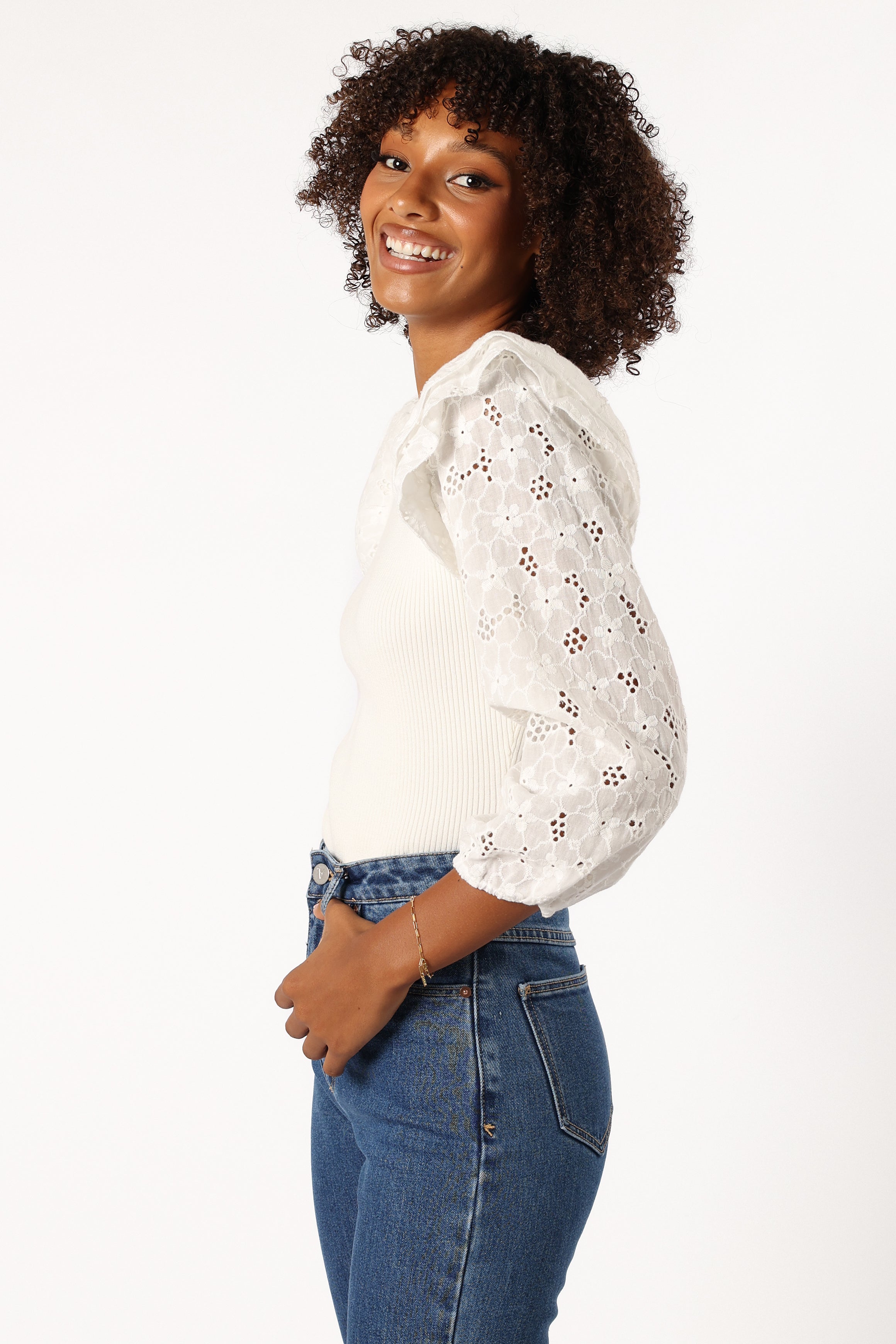 White Lace Sleeve Ribbed Knit Top - Slim Fit Cotton Blend