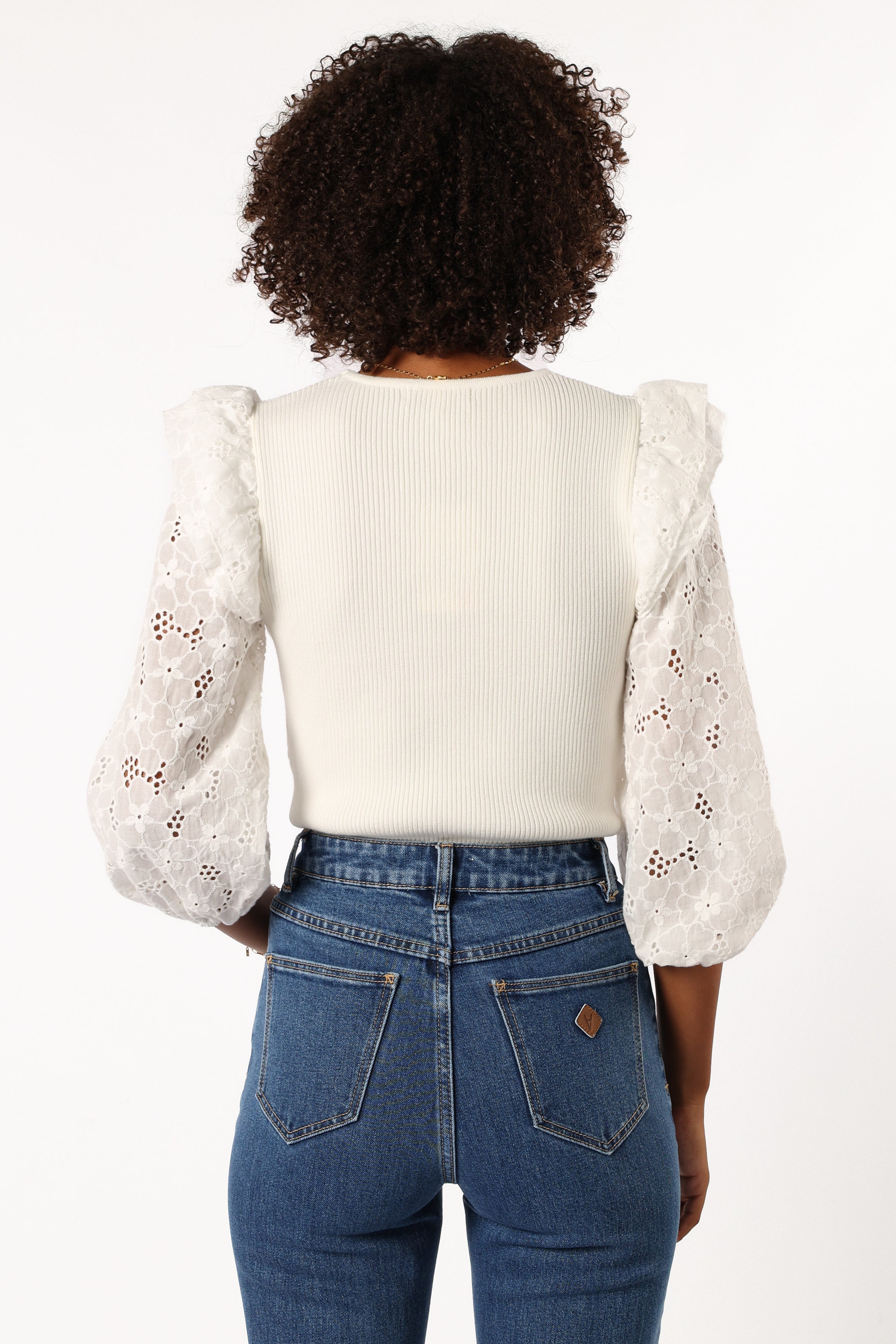White Lace Sleeve Ribbed Knit Top - Slim Fit Cotton Blend
