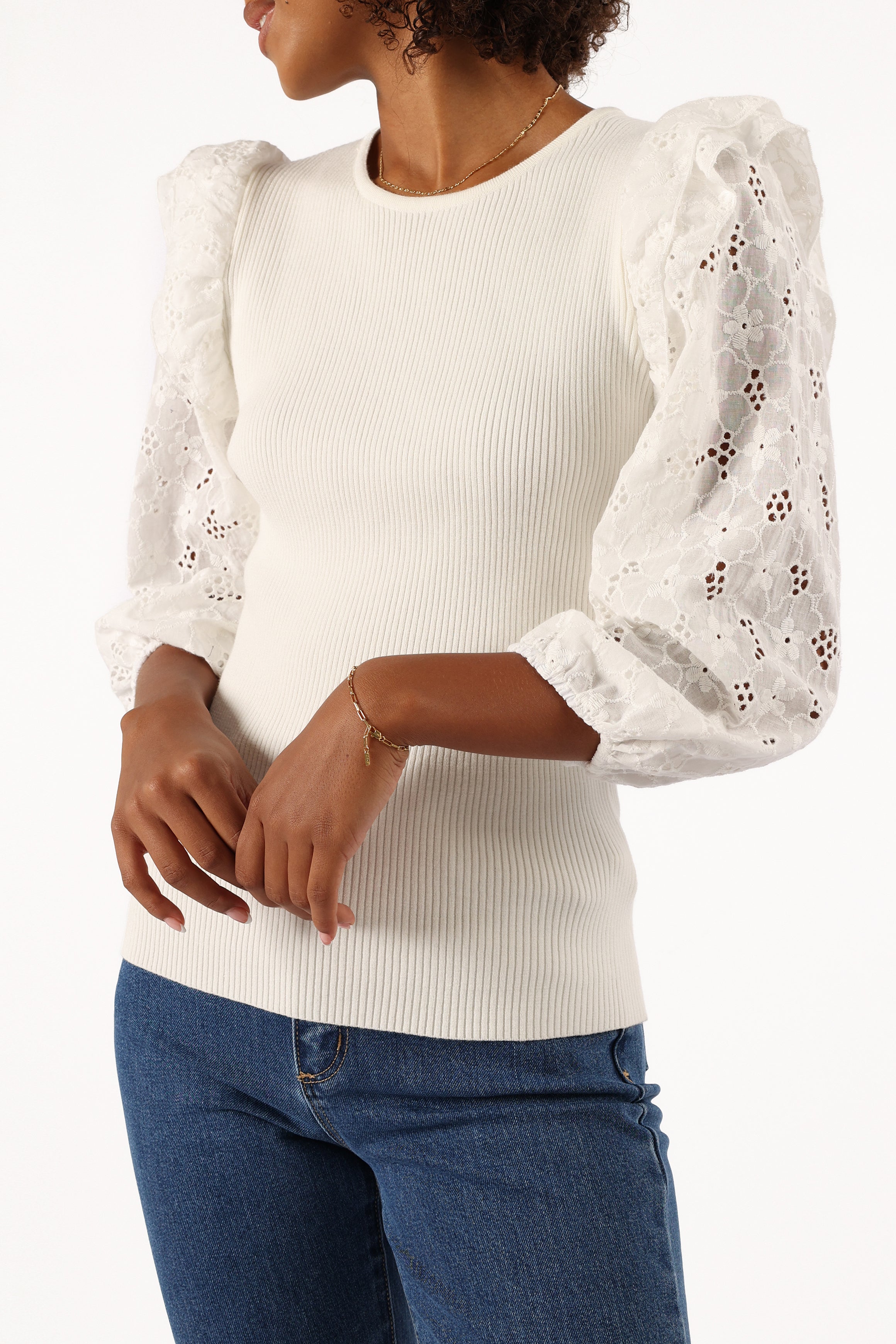 White Lace Sleeve Ribbed Knit Top - Slim Fit Cotton Blend