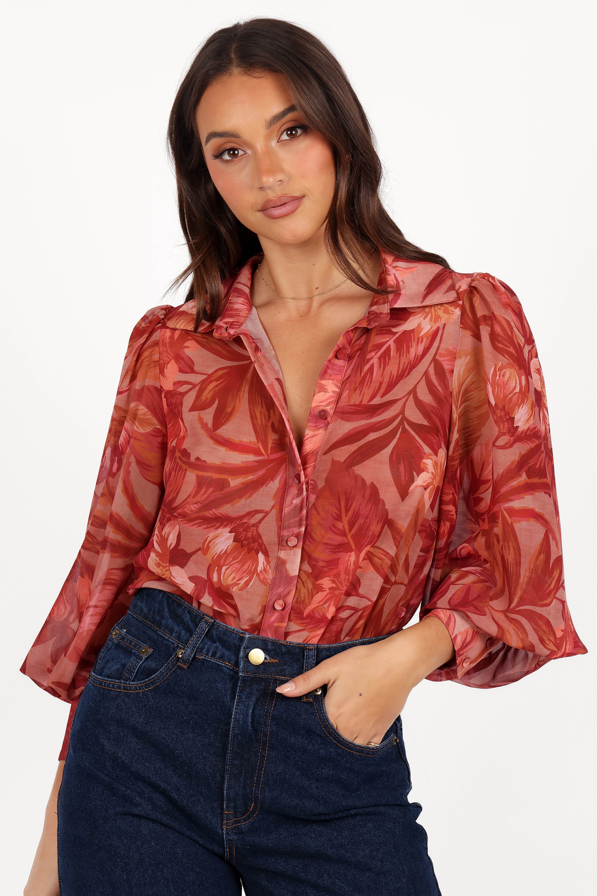 Tropical Print Sheer Blouse - Fleetwood Long Sleeve V-Neck Top