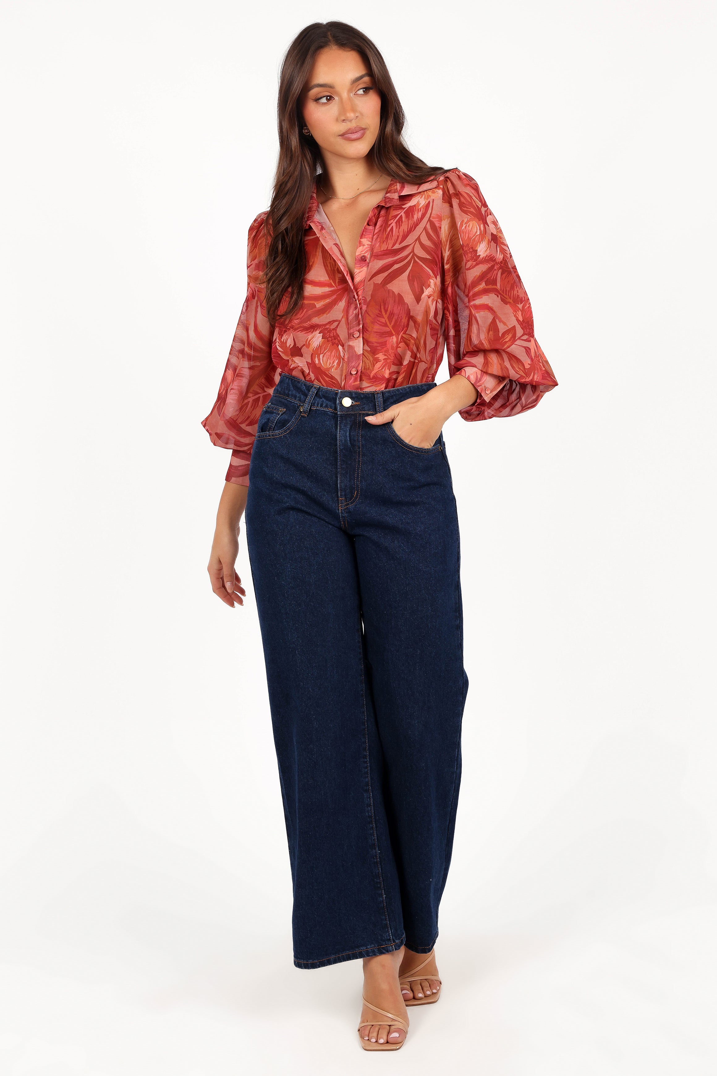 Tropical Print Sheer Blouse - Fleetwood Long Sleeve V-Neck Top