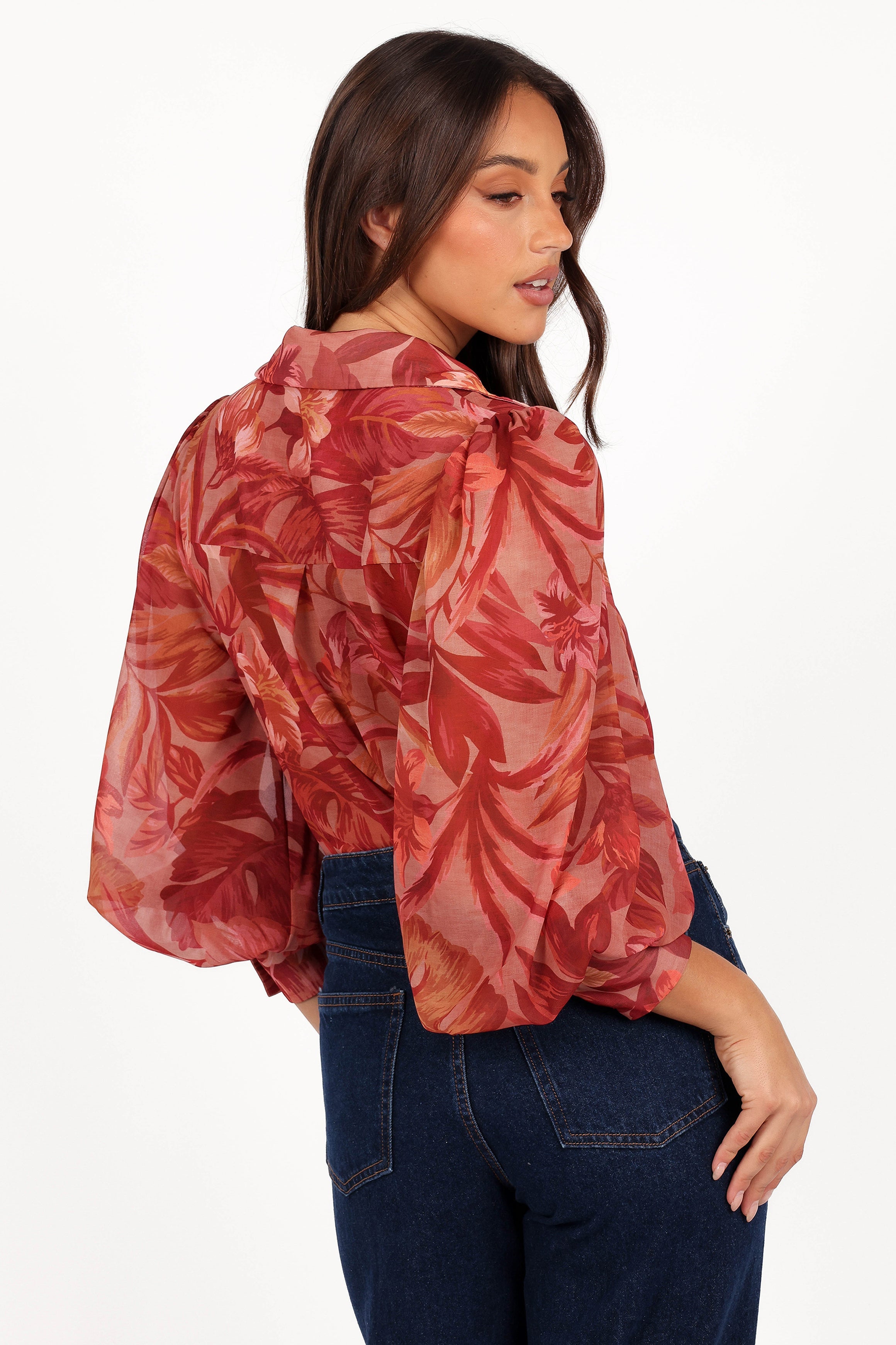 Tropical Print Sheer Blouse - Fleetwood Long Sleeve V-Neck Top