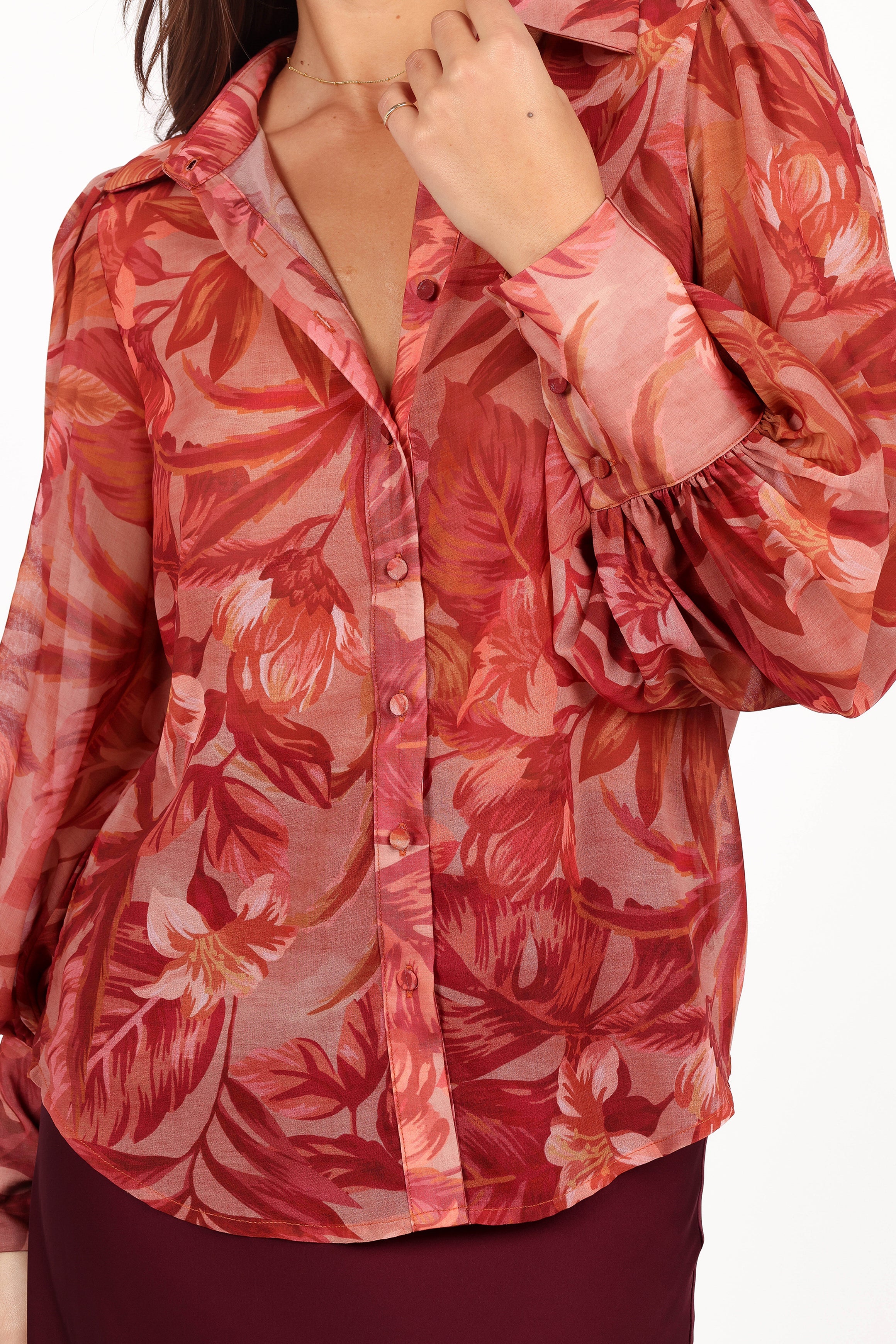 Tropical Print Sheer Blouse - Fleetwood Long Sleeve V-Neck Top