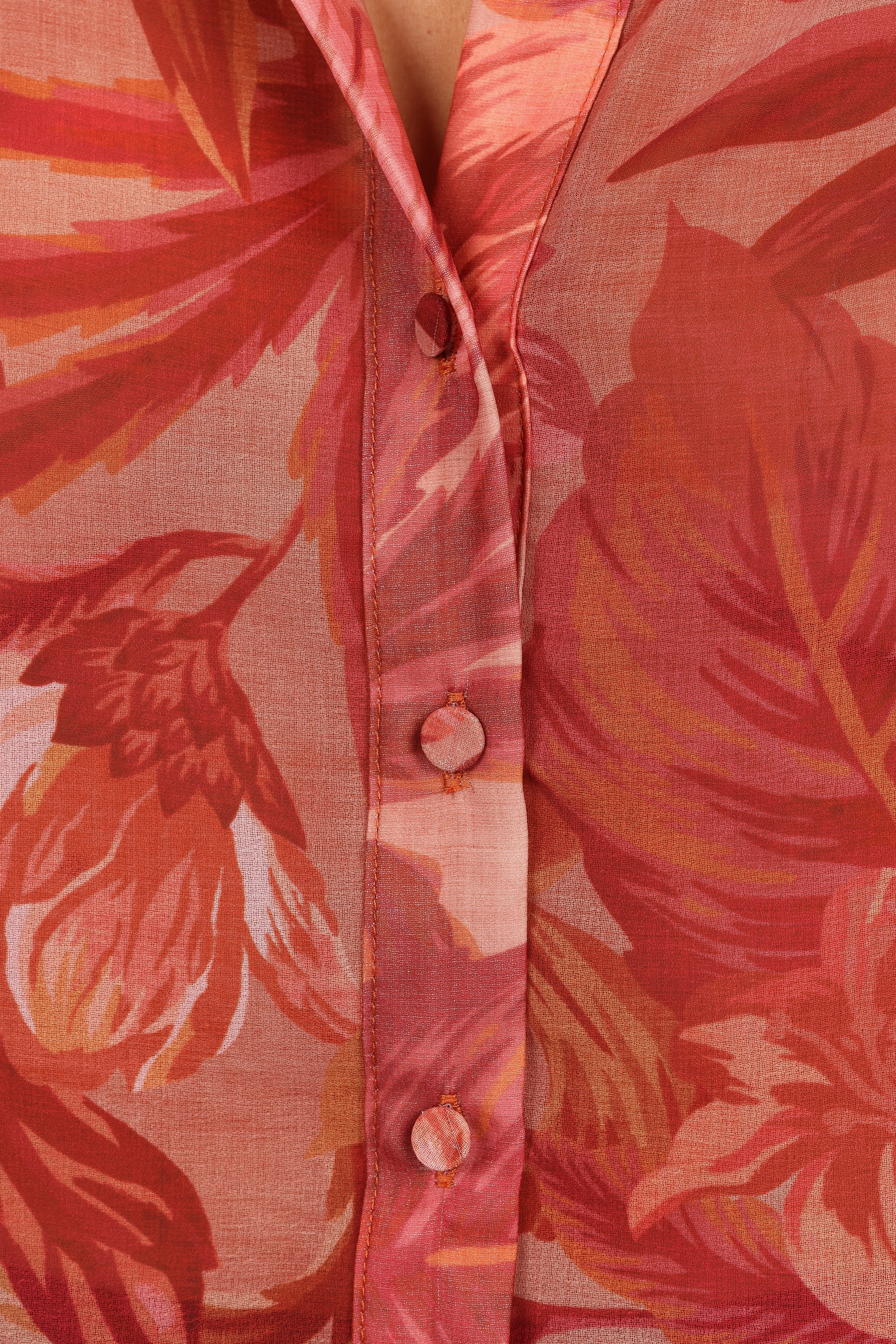 Tropical Print Sheer Blouse - Fleetwood Long Sleeve V-Neck Top