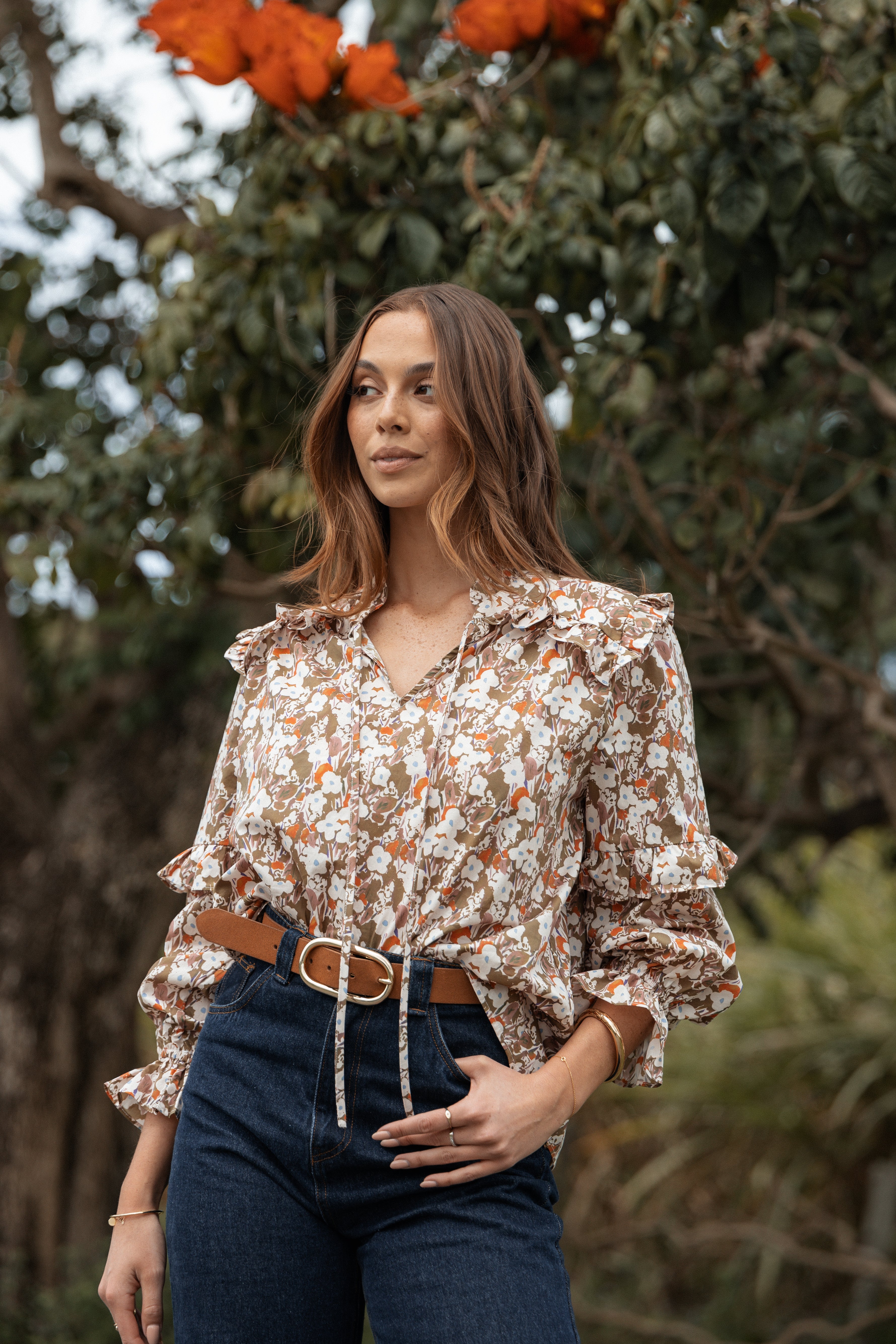 Selmah Floral Print V-Neck Long Sleeve Blouse - Cotton Smock Top