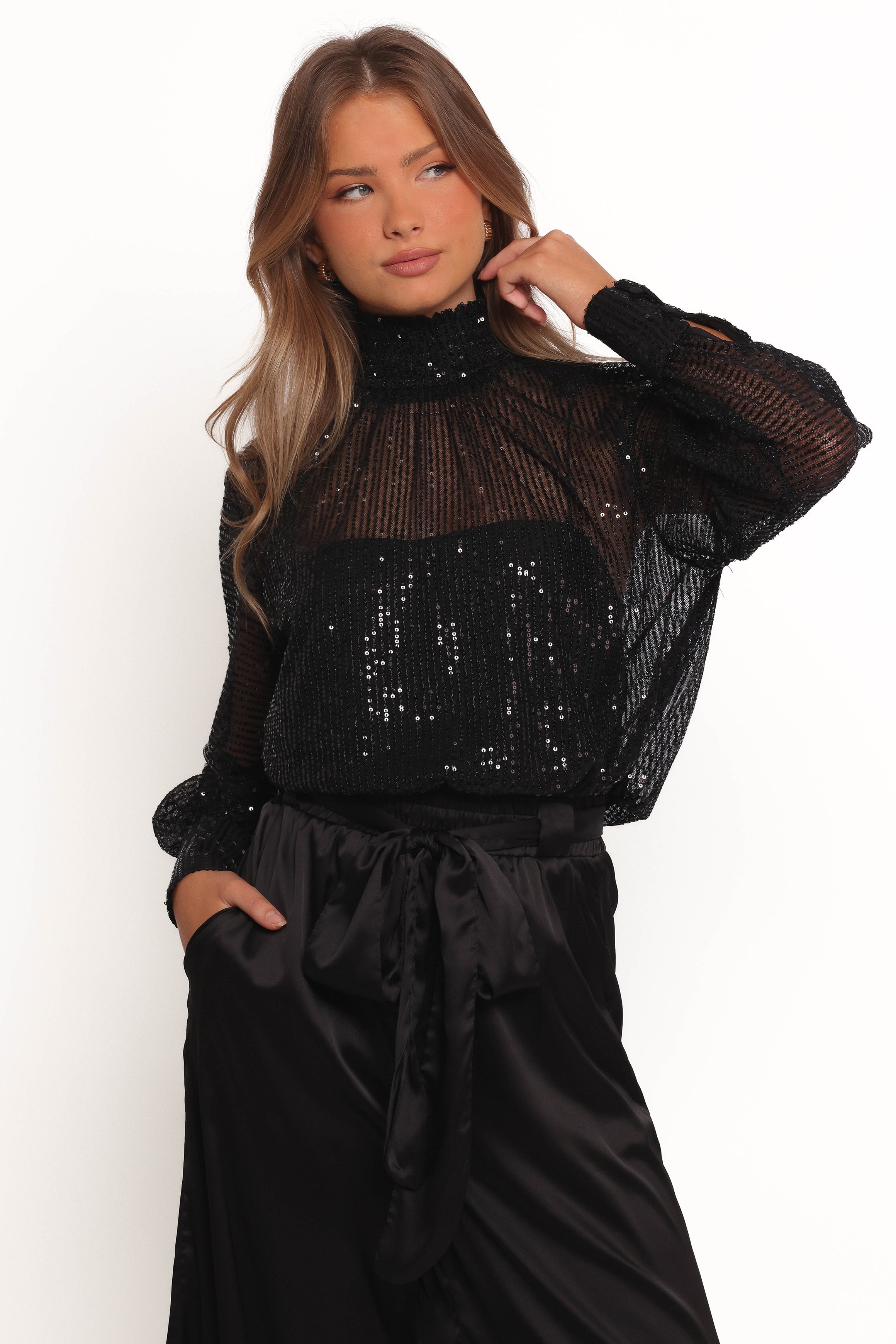 Stasya Black Sequin Top - Sheer Long Sleeve Glamour Blouse