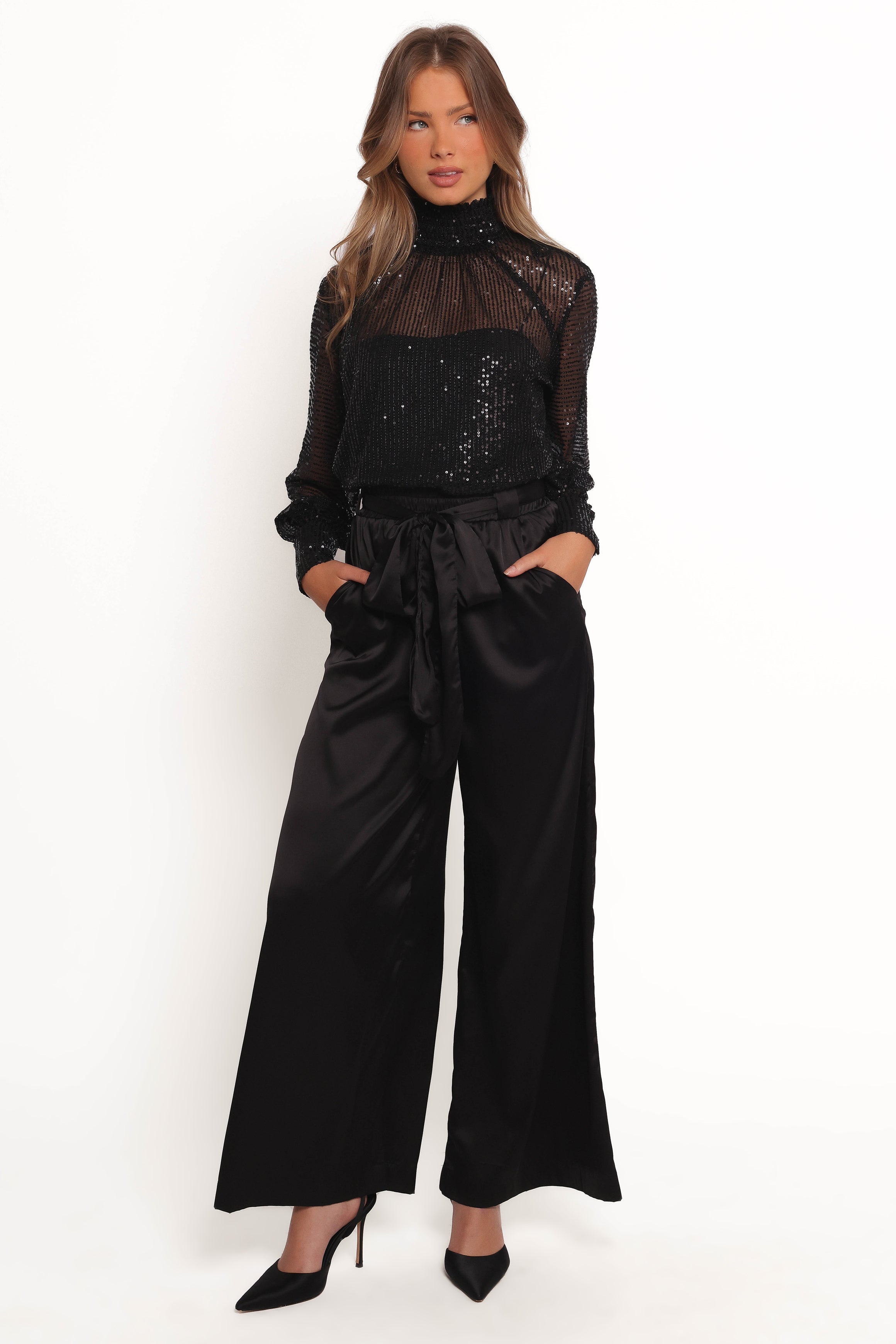 Stasya Black Sequin Top - Sheer Long Sleeve Glamour Blouse
