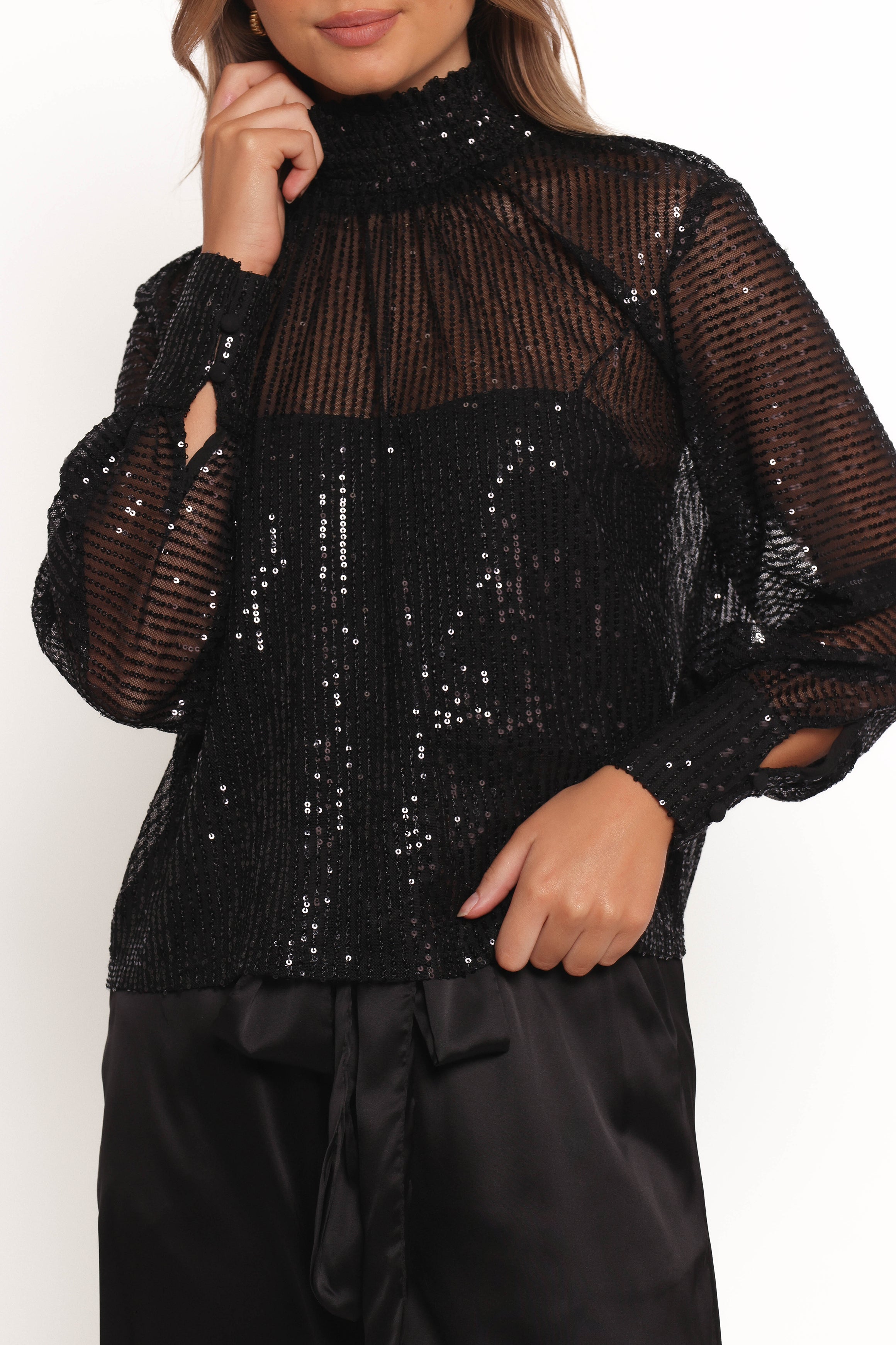 Stasya Black Sequin Top - Sheer Long Sleeve Glamour Blouse
